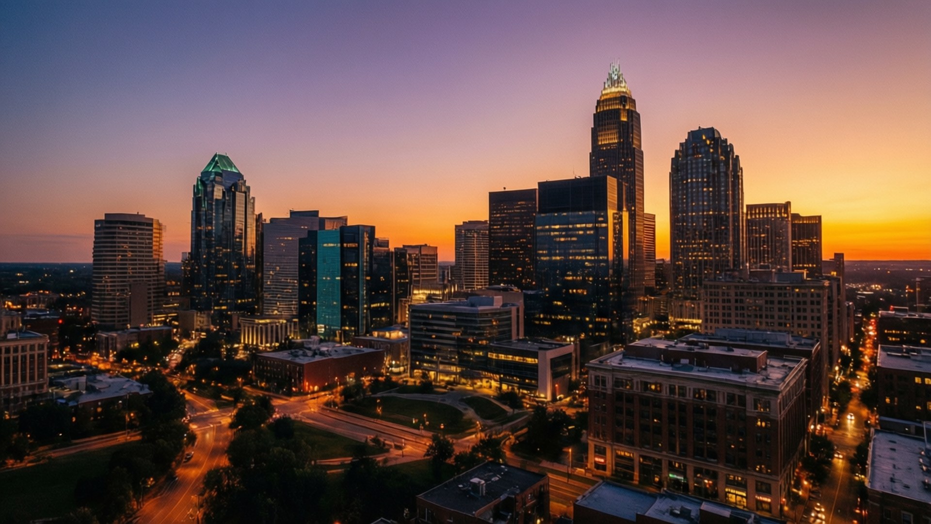 Charlotte, skyline, sunset, Full HD Desktop Wallpaper