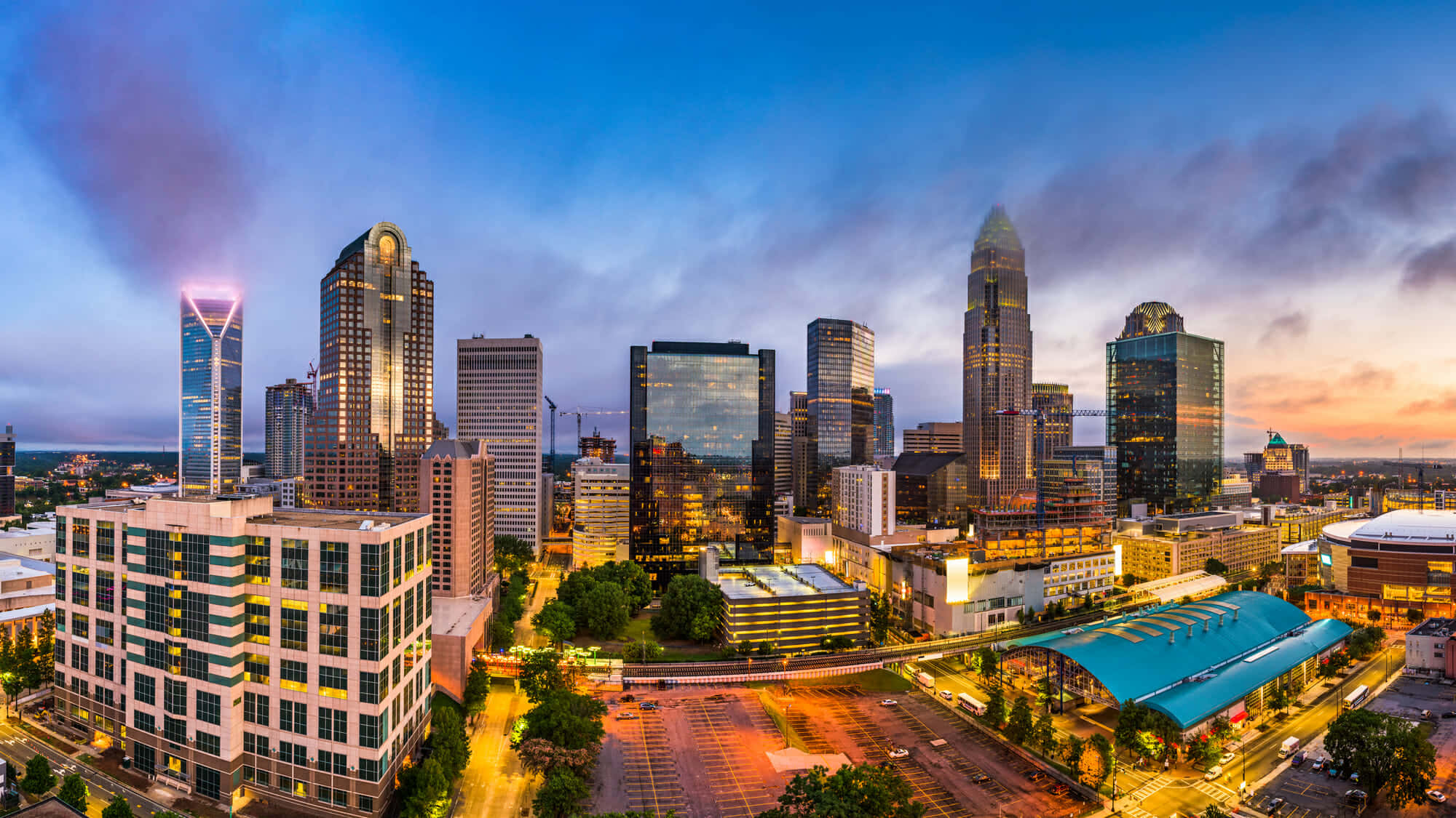 Charlotte, skyline, dusk, Full HD Desktop Wallpaper
