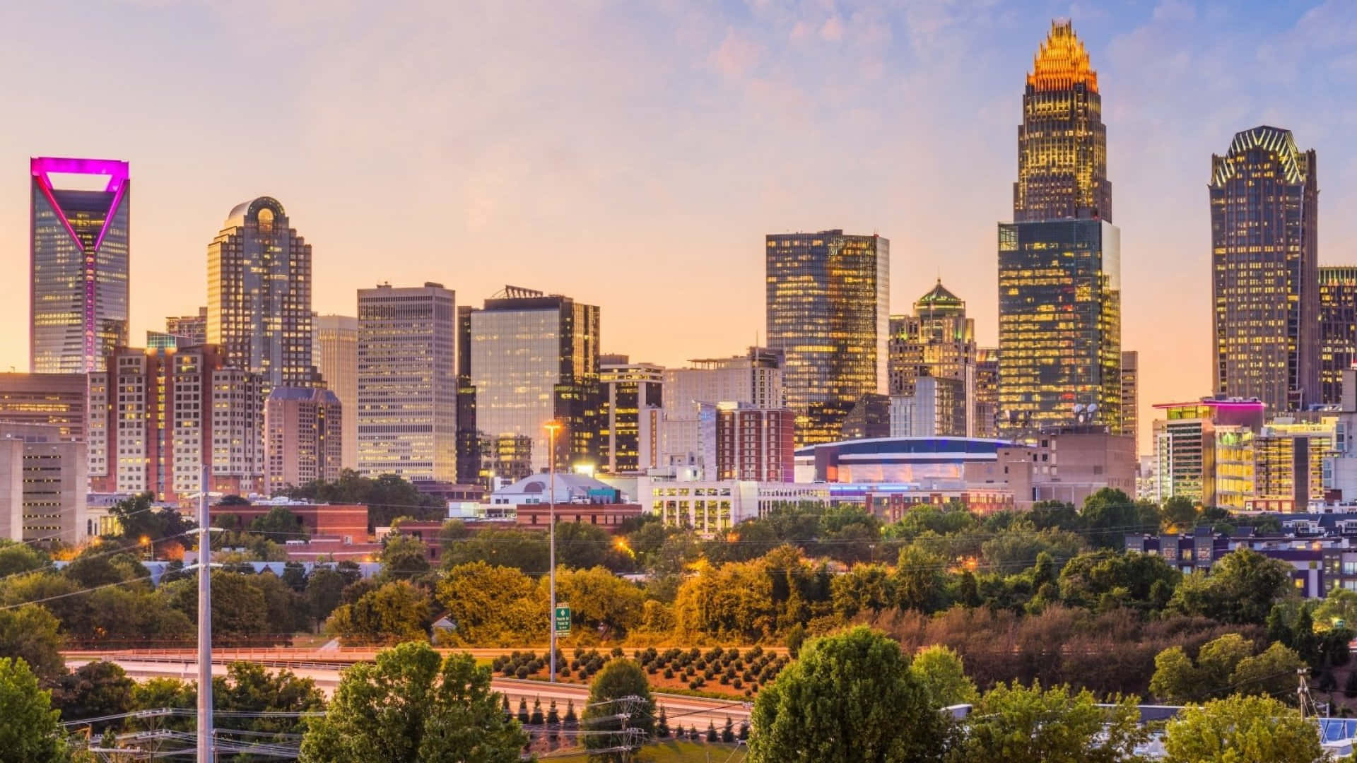 Charlotte, skyline, dusk, Full HD Desktop Wallpaper