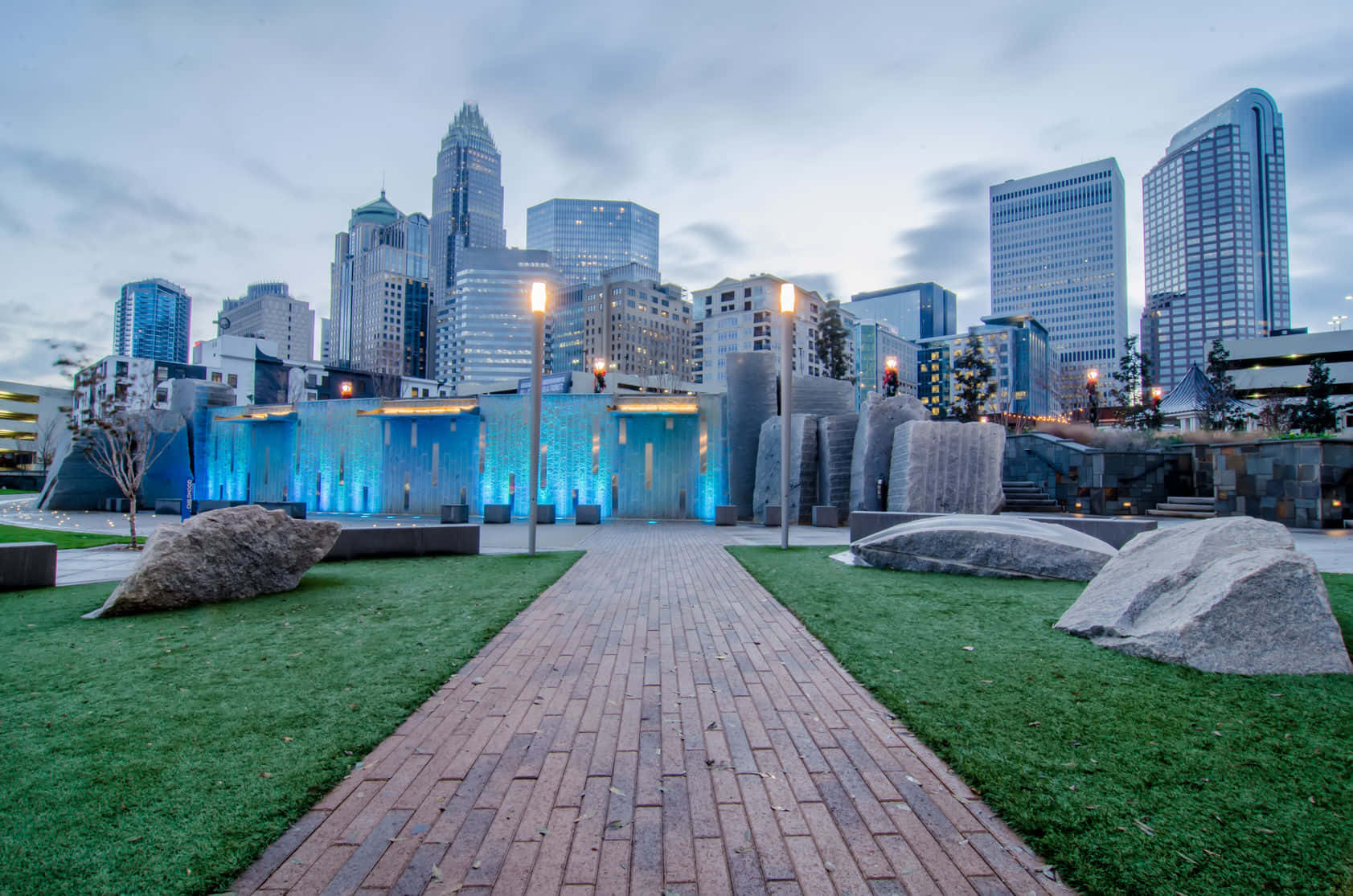 Charlotte cityscape, twilight, modern urban park, HD Desktop Wallpaper