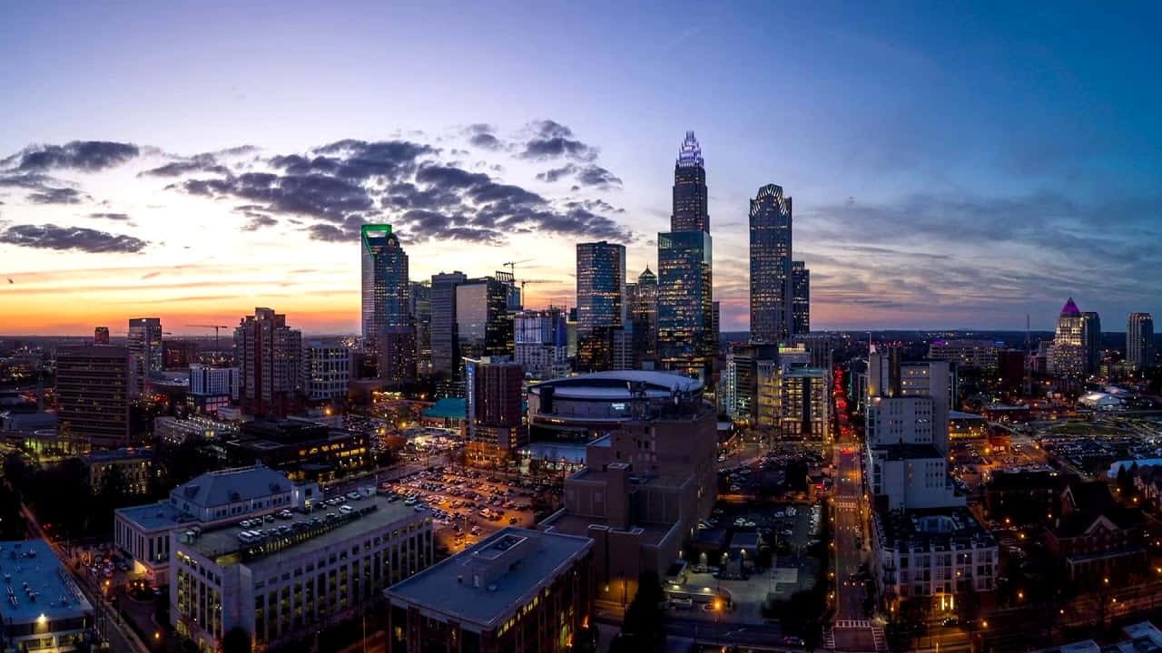 Charlotte skyline, dawn, illuminated skyscrapers, HD Desktop Wallpaper