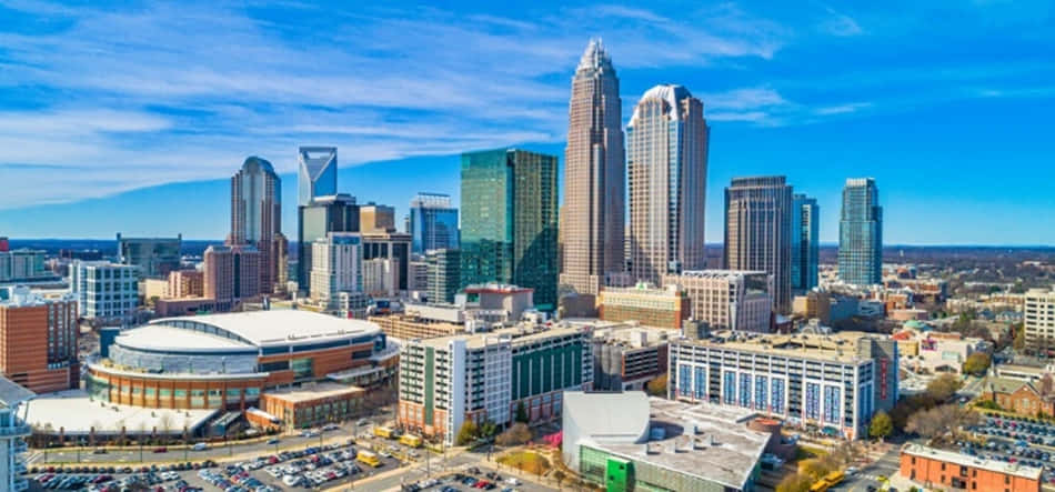Charlotte skyline, glass skyscrapers, large domed arena, SD Desktop Wallpaper