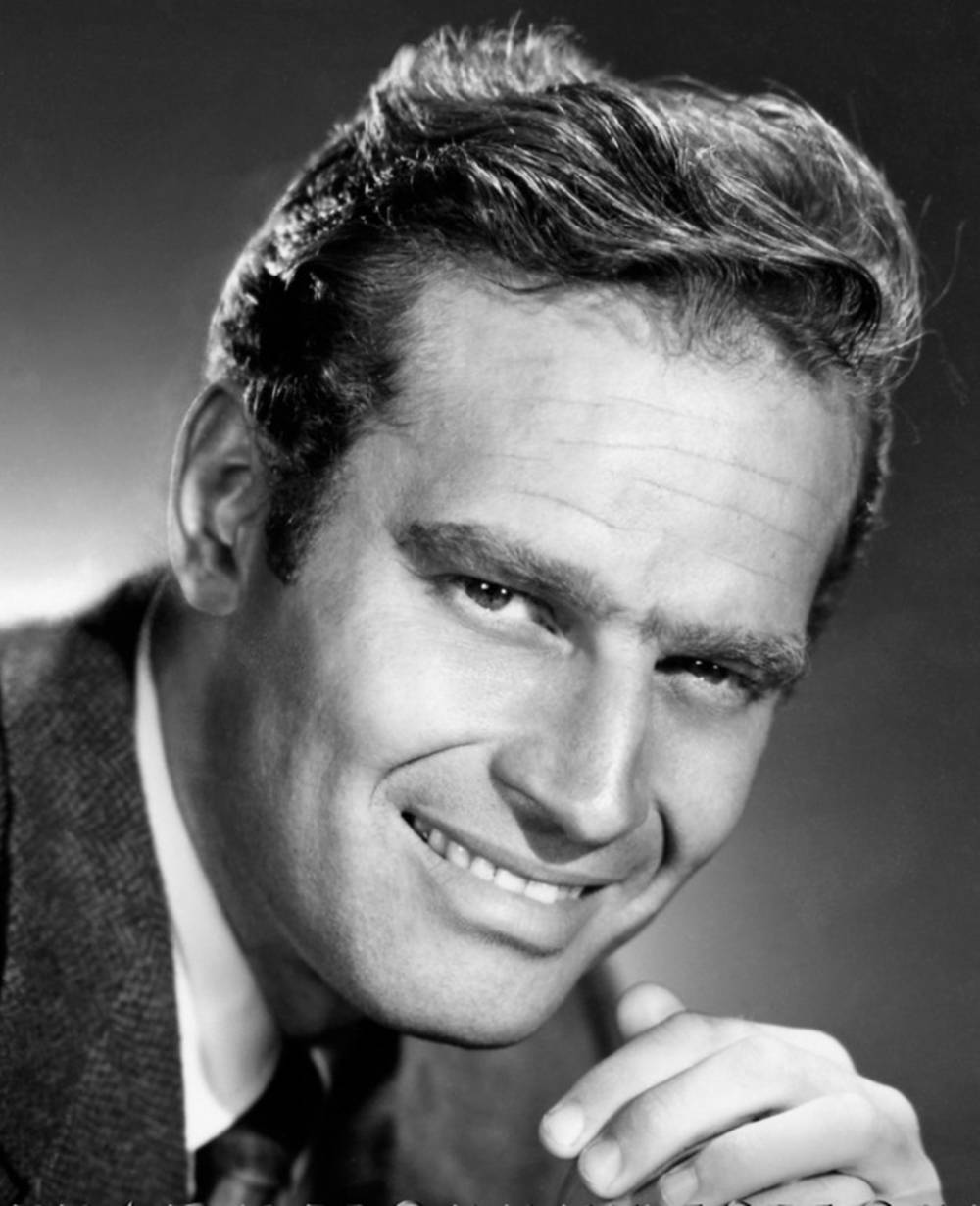 Charlton Heston, black and white portrait, smiling man, SD Phone Wallpaper