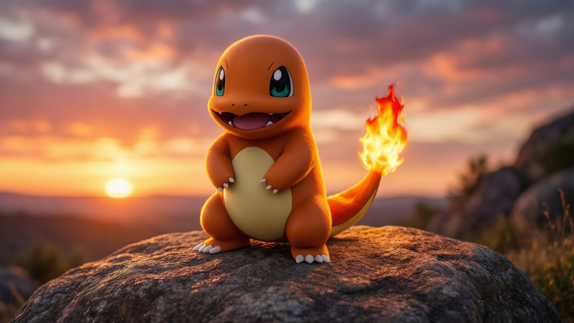 Charmander, sunset, rocky outcrop, Full HD Desktop Wallpaper