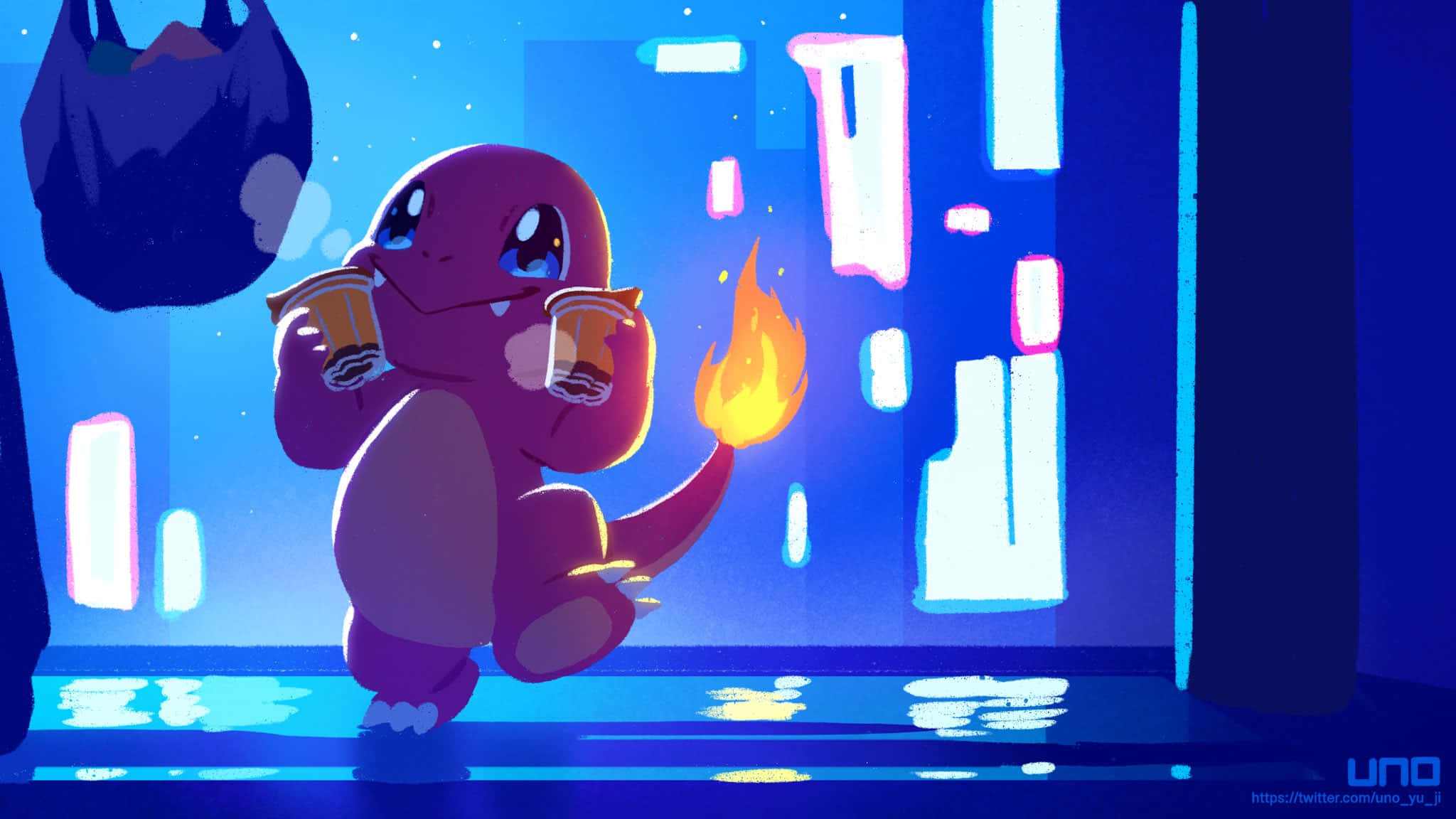 Cute Charmander, purple Charmander, neon blue cityscape, Full HD Desktop Wallpaper