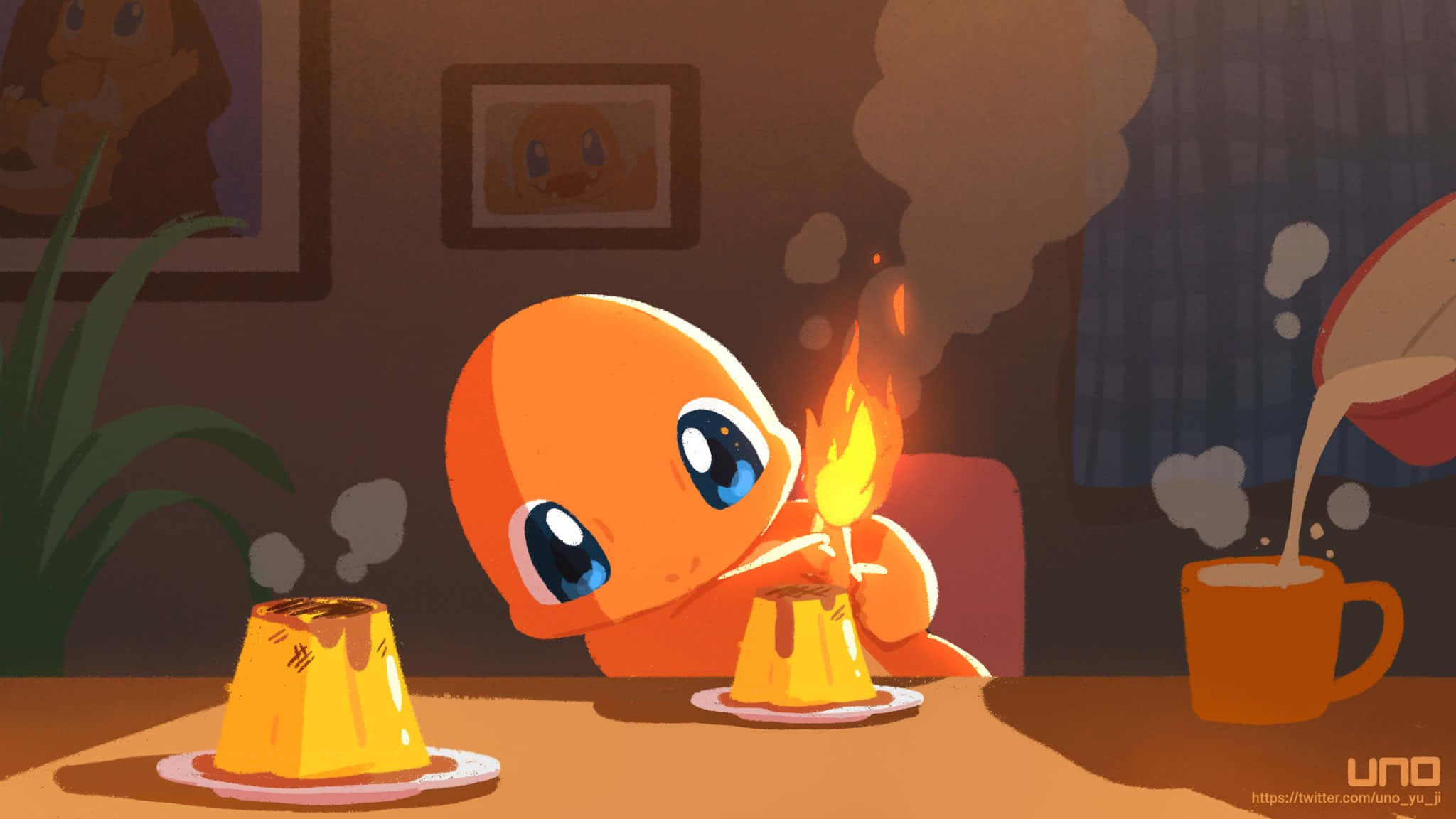 cute Charmander, orange anime character, blue eyes, Full HD Desktop Wallpaper