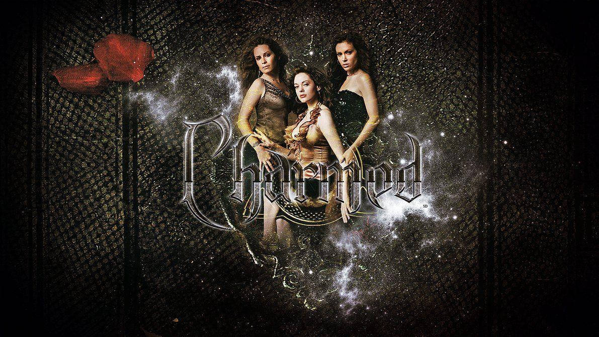 Charmed, textured black mesh background, glowing title, SD Desktop Wallpaper