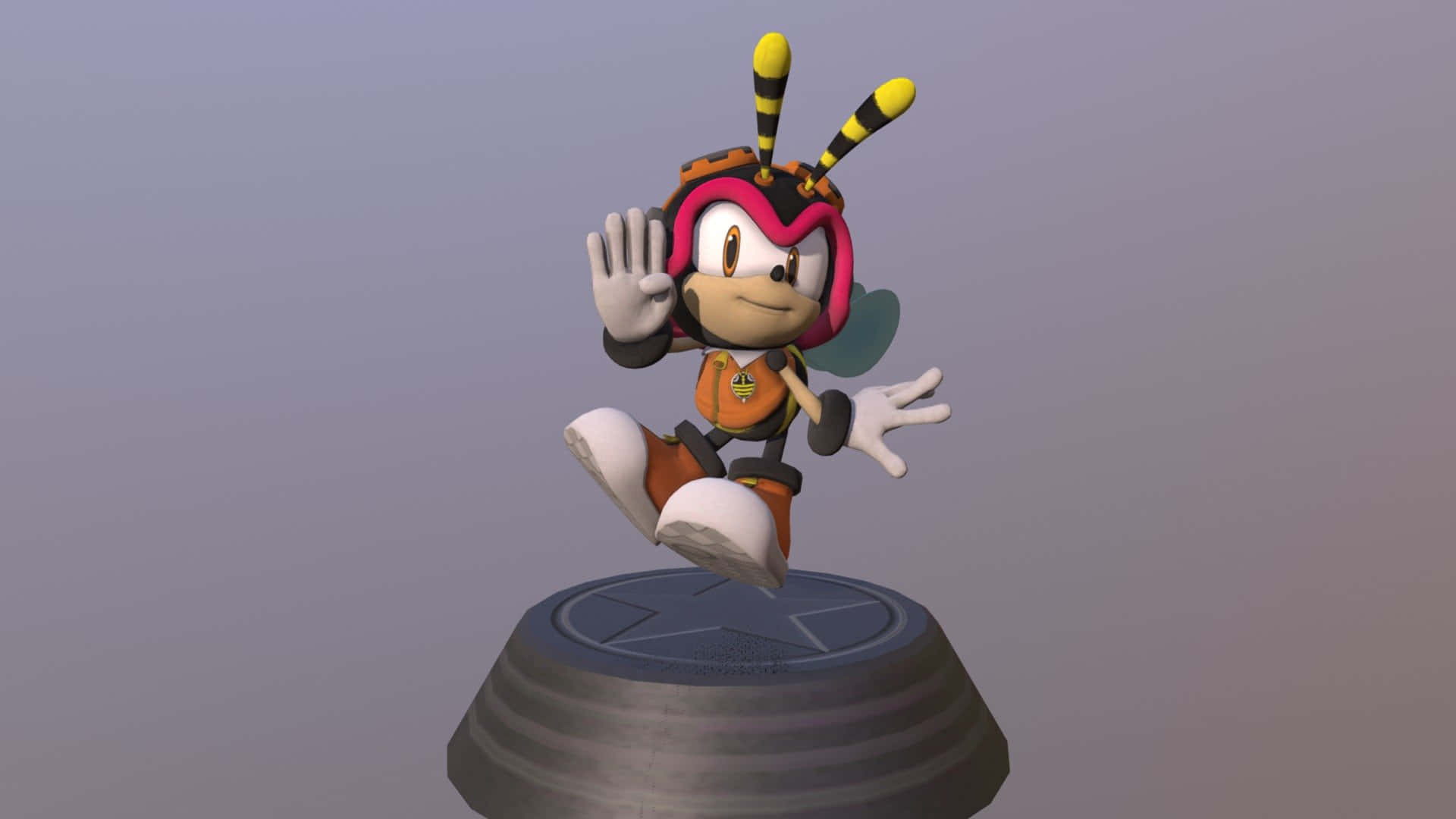 Charmy Bee, orange and pink gear, gray pedestal, Full HD Desktop Wallpaper