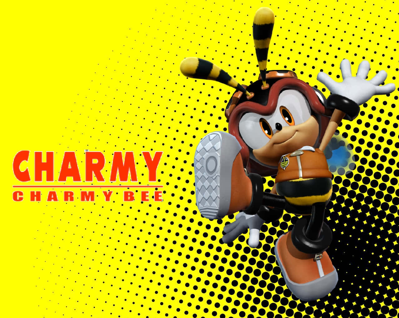 Charmy Bee, orange and black gear, vibrant yellow halftone background, SD Desktop Wallpaper