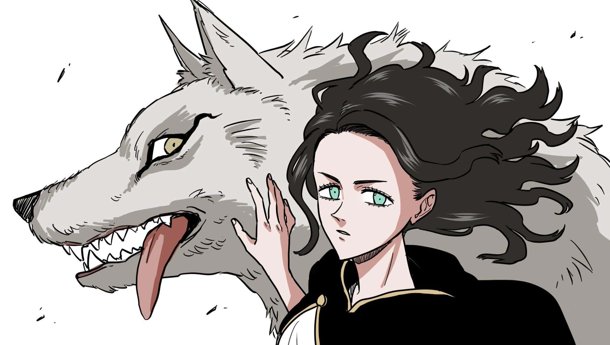 Charmy Pappitson, green eyes, large snarling gray wolf, Full HD Desktop Wallpaper