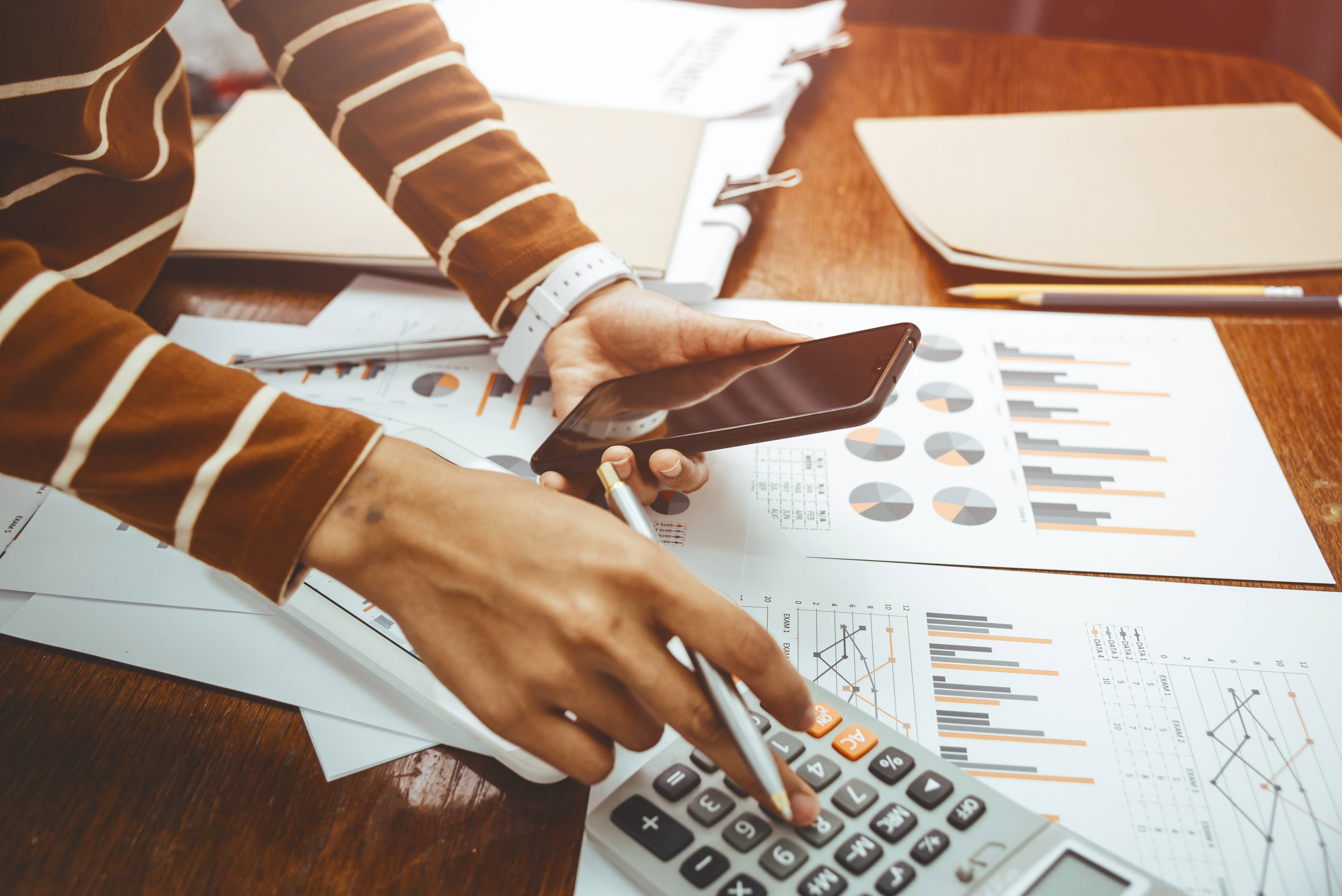 Chartered Accountant, calculator, phone, 5K Desktop Wallpaper