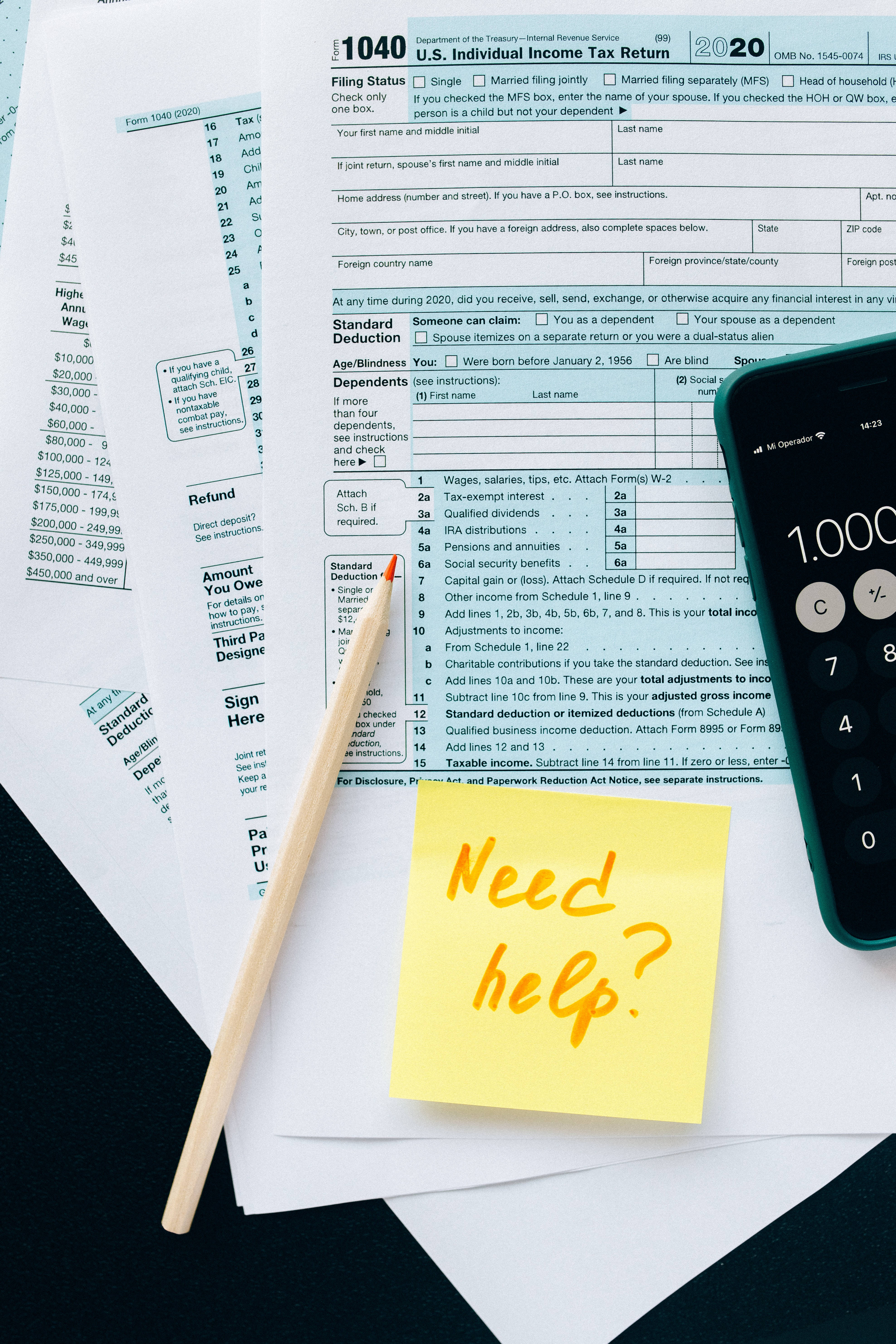 2020 U.S. tax form, calculator, sticky note, 5K Phone Wallpaper