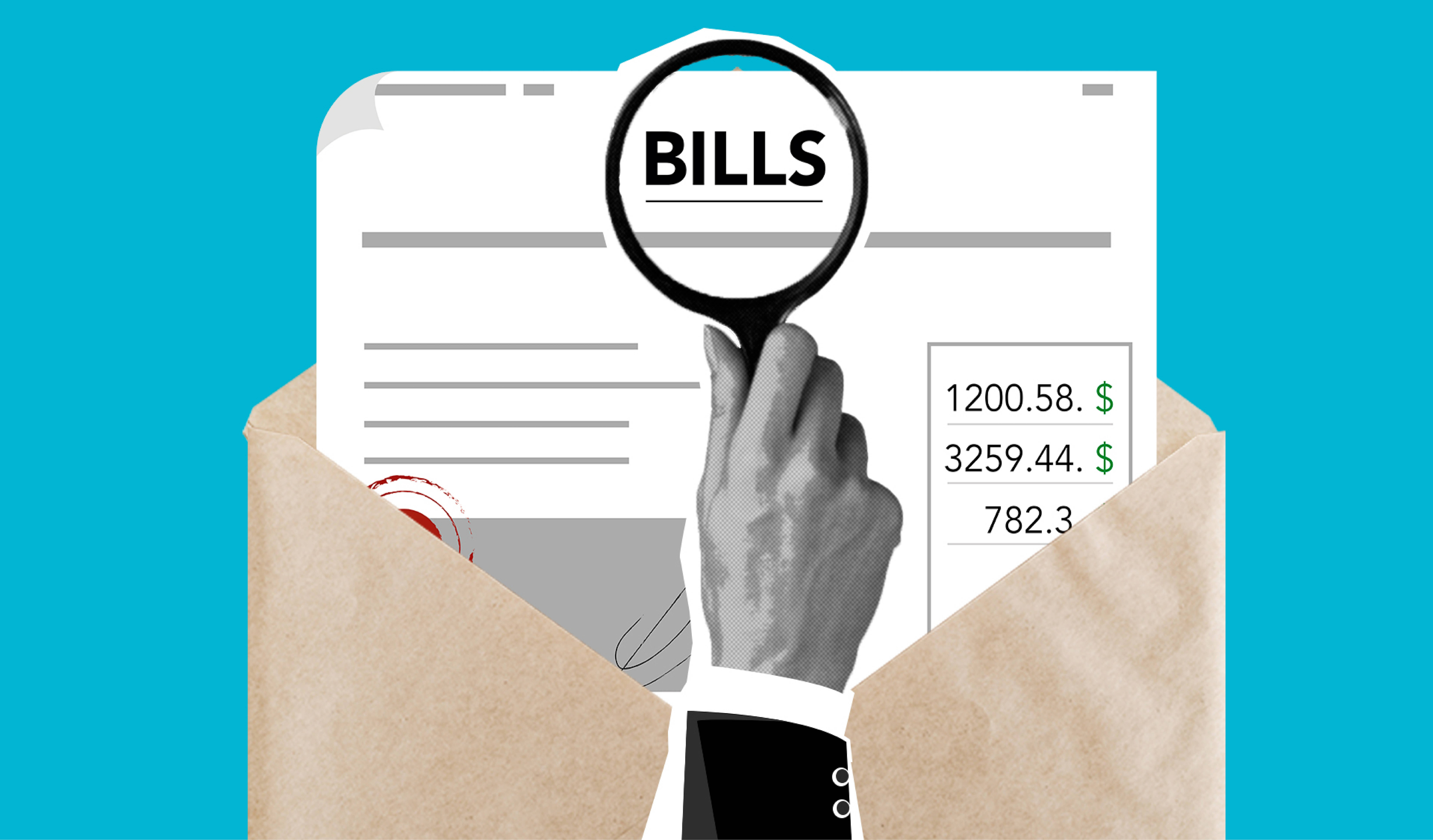 Chartered Accountant, magnifying glass, bill envelope, 8K Desktop Wallpaper