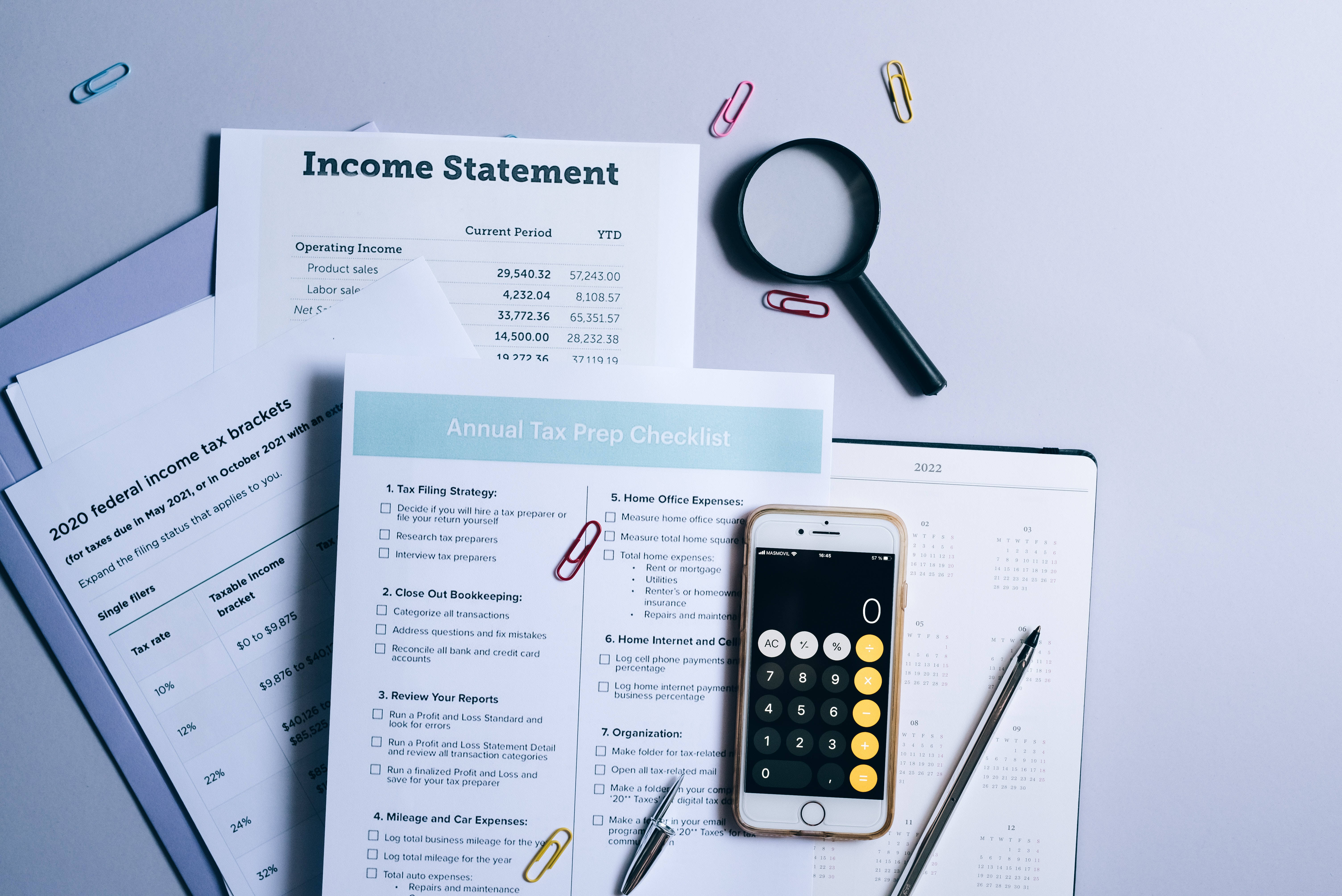 Chartered Accountant, income statement, light gray desk, 5K Desktop Wallpaper