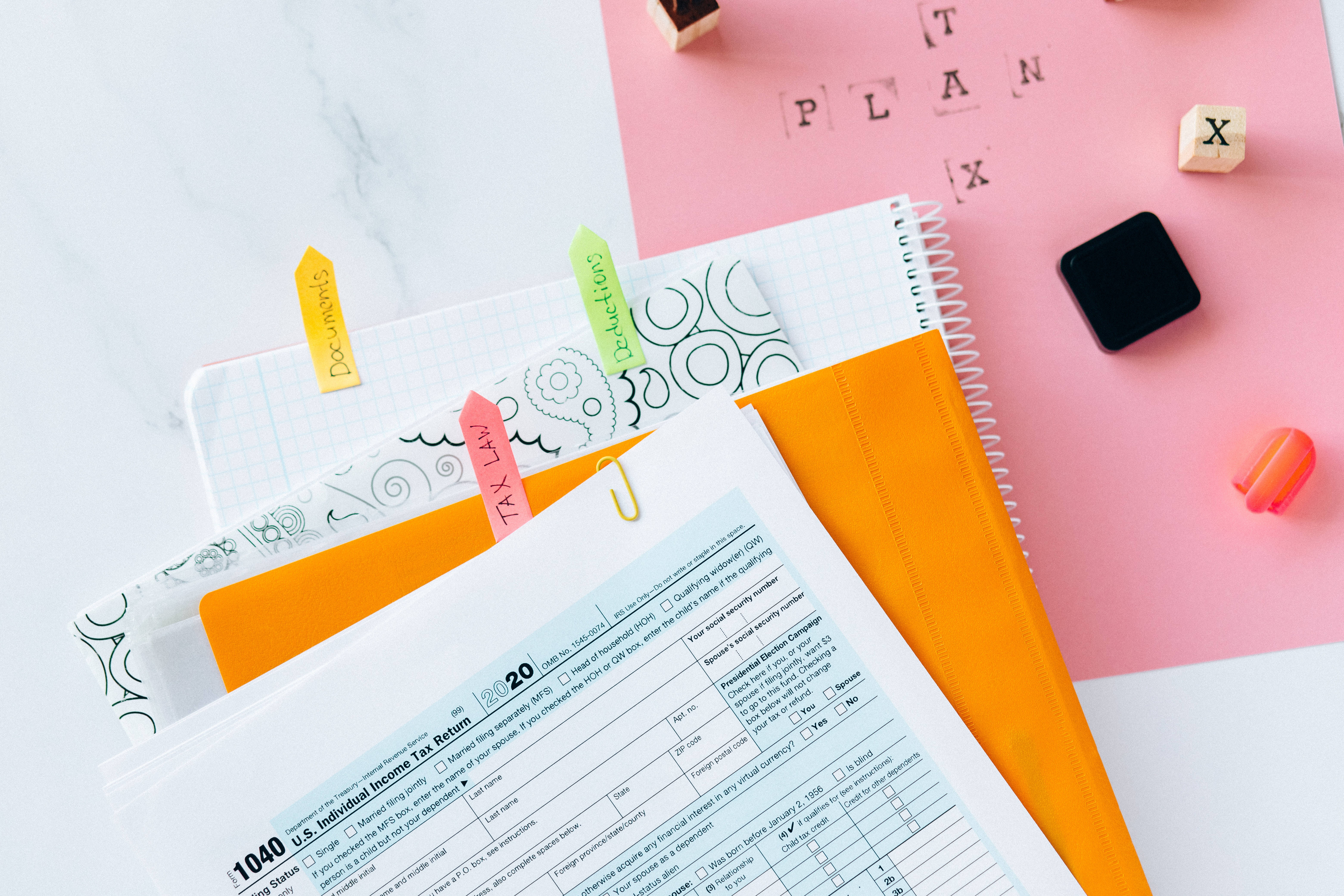 1040 tax form, colorful folders, letter blocks spelling plan, 5K Desktop Wallpaper
