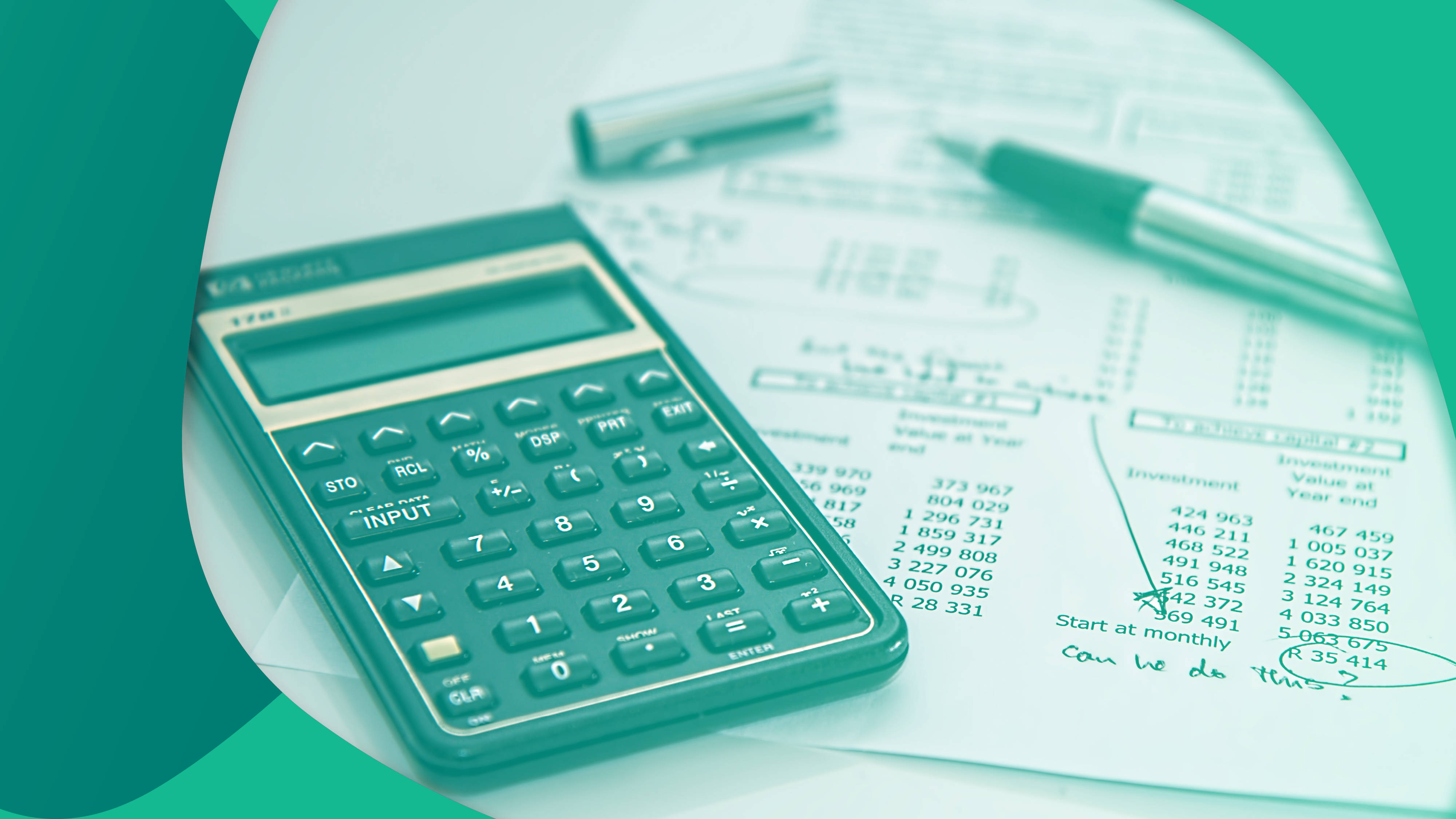 Chartered Accountant, teal calculator, financial documents, 4K Desktop Wallpaper