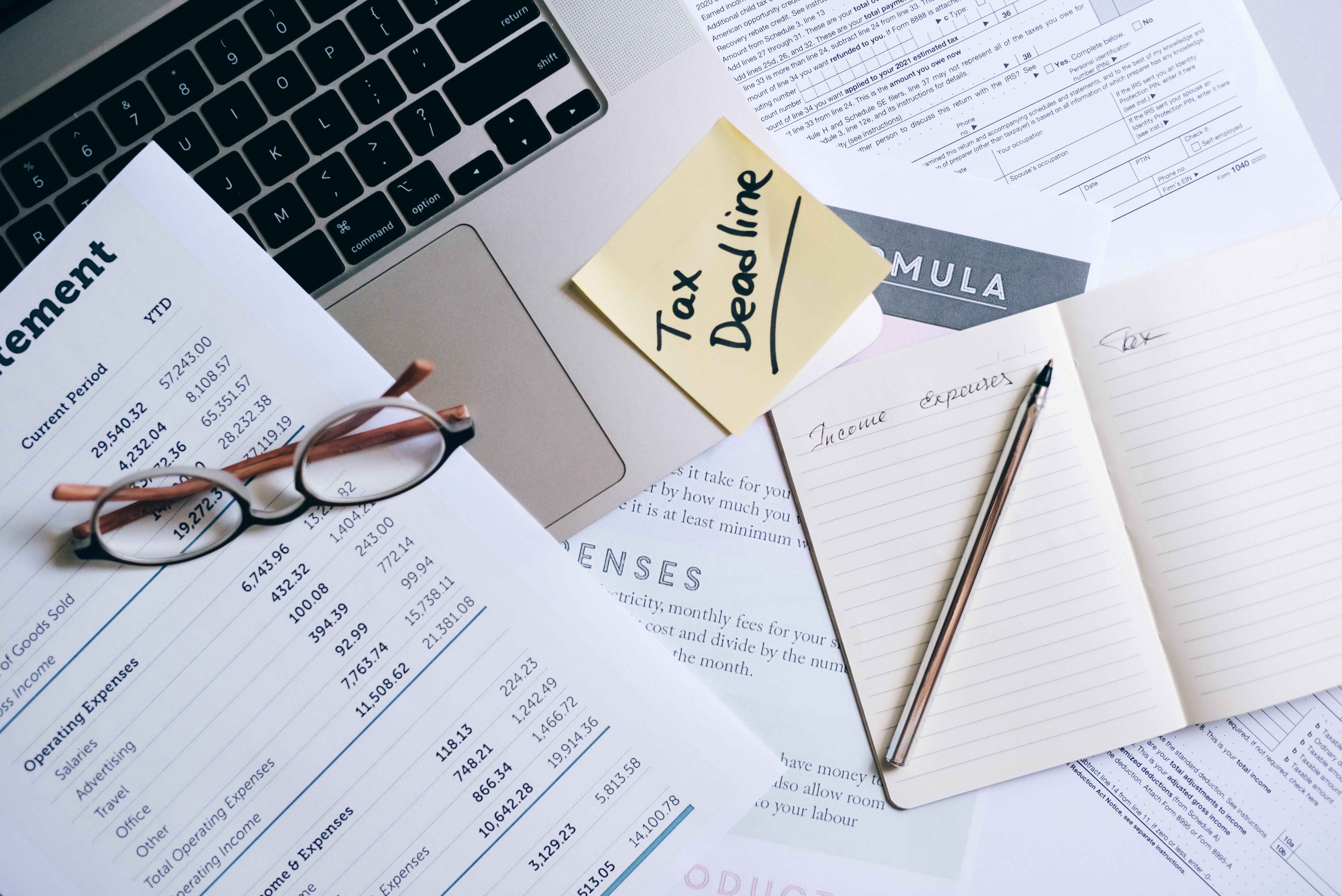 Chartered Accountant, tax documents, yellow sticky note, 5K Desktop Wallpaper