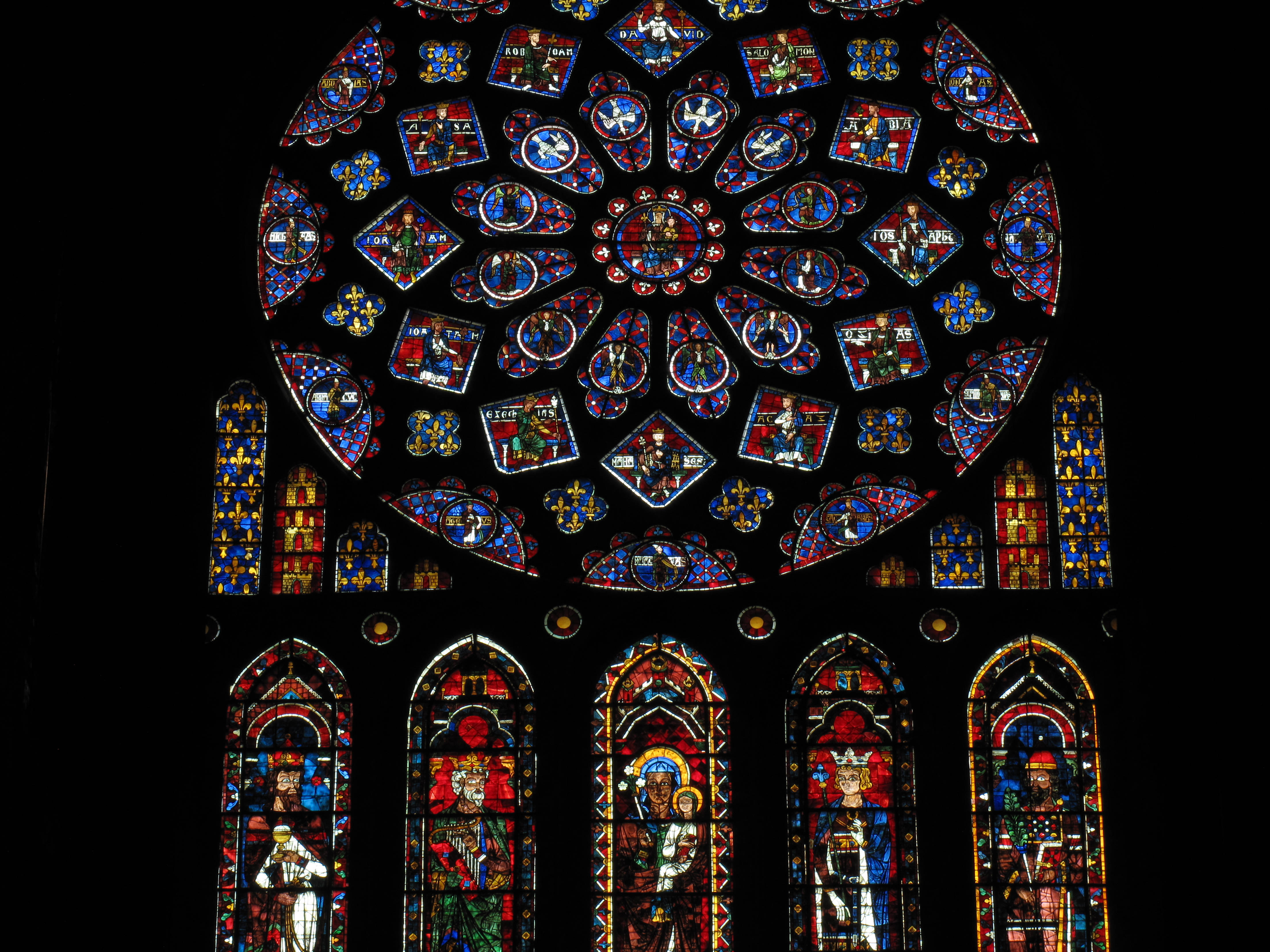 Chartres Cathedral, stained glass rose window, biblical scenes, 4K Desktop Wallpaper
