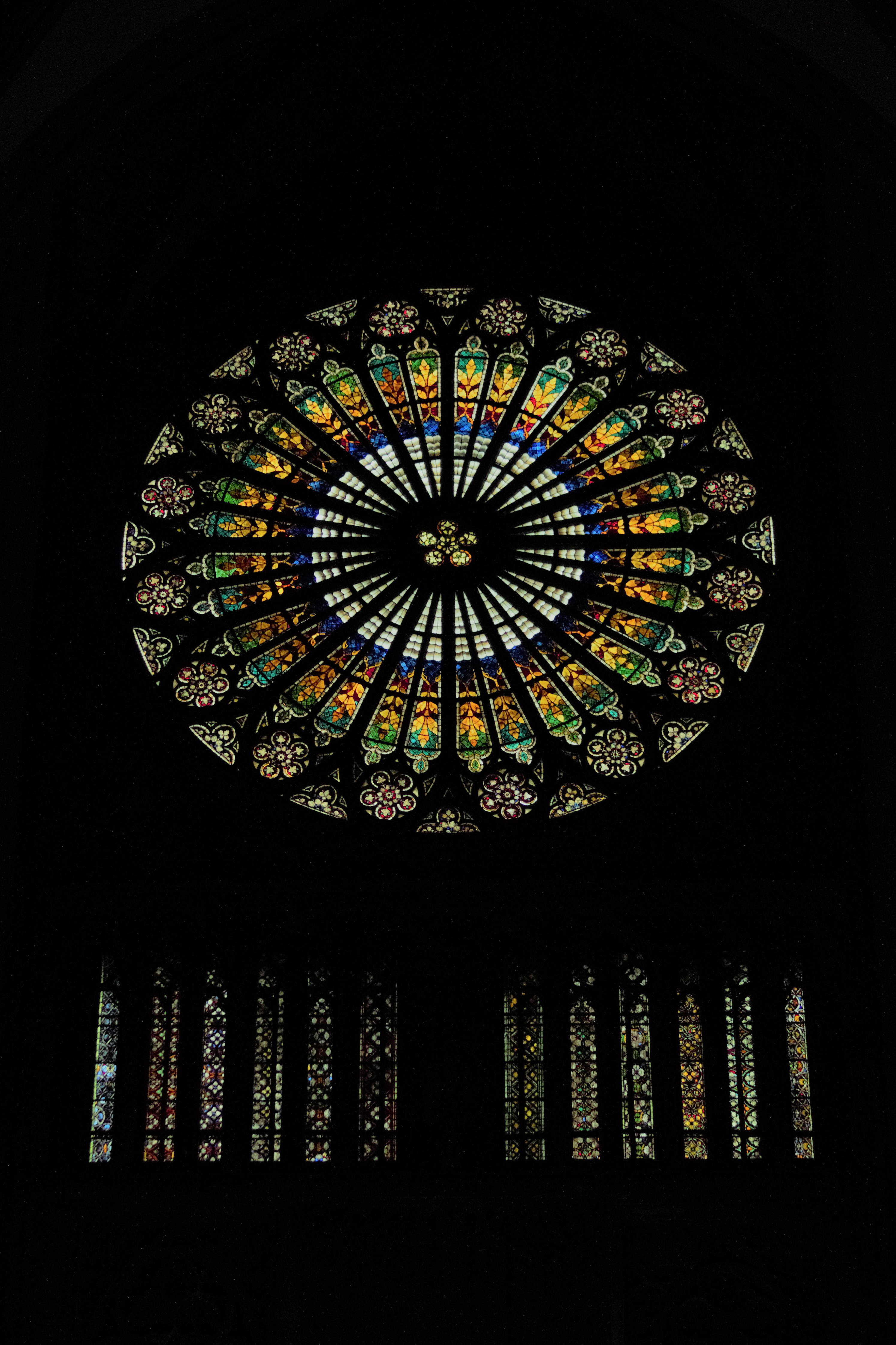 Chartres Cathedral, stained glass rose window, vibrant colors, 4K Phone Wallpaper