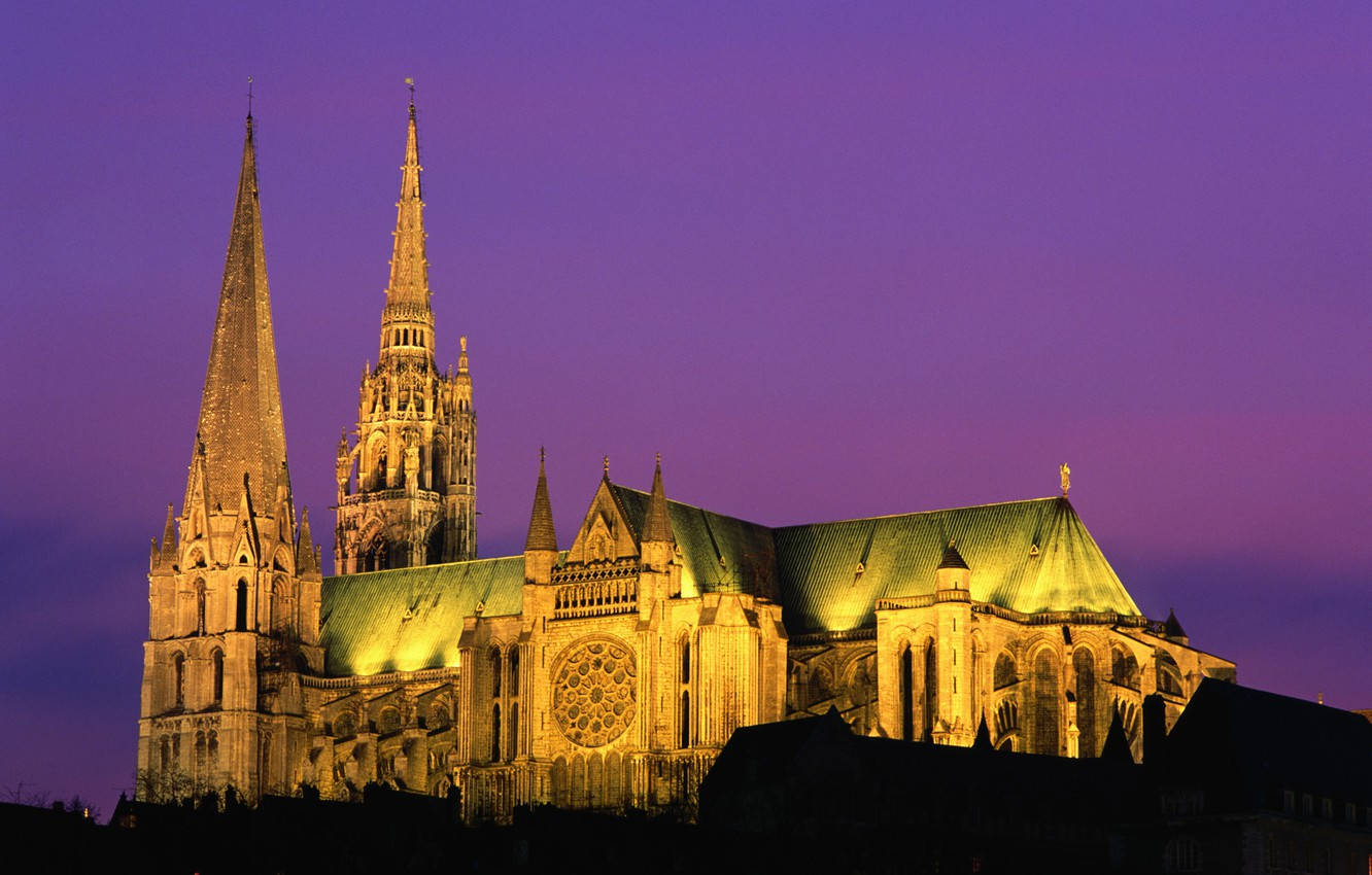 Chartres Cathedral, twin spires, deep purple twilight sky, HD Desktop Wallpaper
