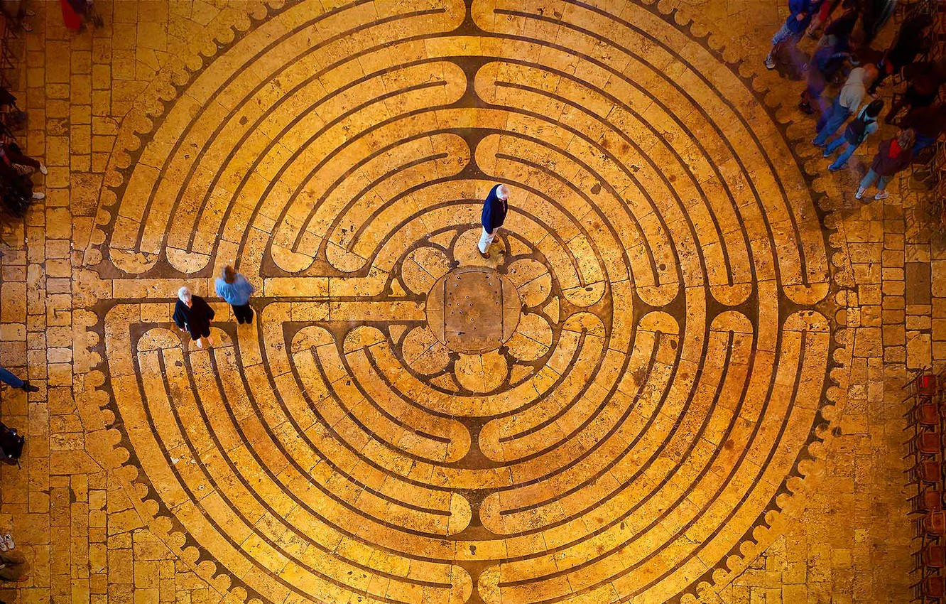 Chartres Cathedral, floor tiles, golden stone labyrinth, HD Desktop Wallpaper