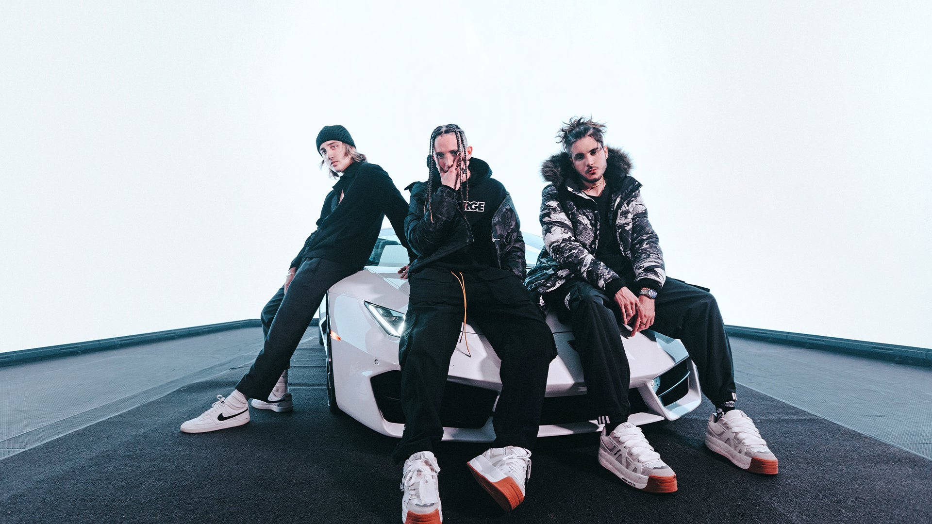 Chase Atlantic, sleek white sports car, streetwear, Full HD Desktop Wallpaper