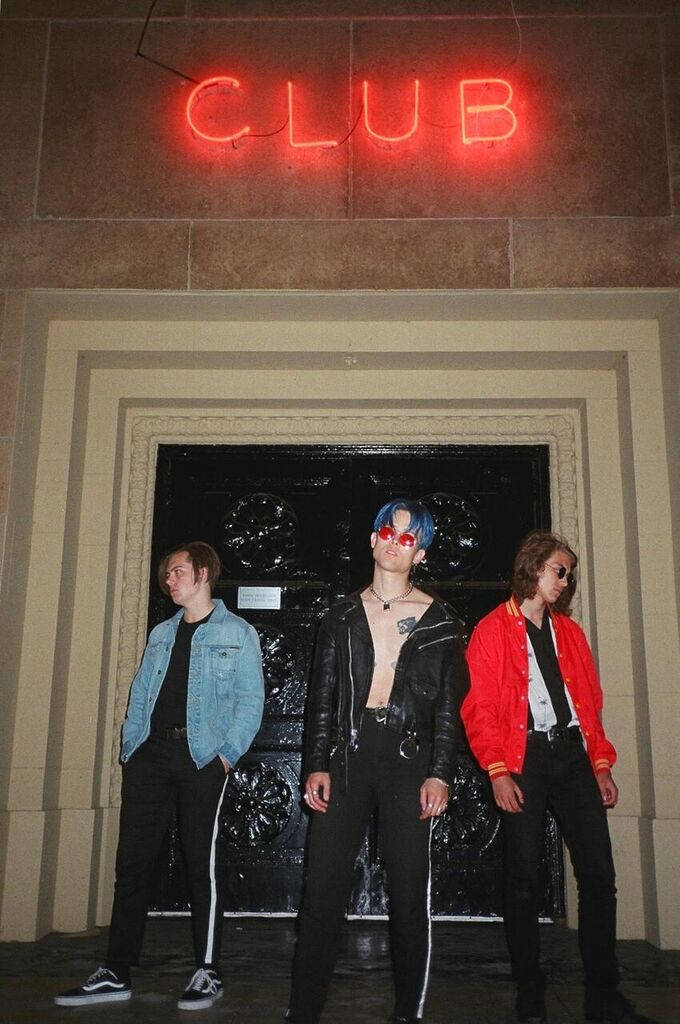 Chase Atlantic, synth-pop-rock, glowing red neon club sign, SD Phone Wallpaper