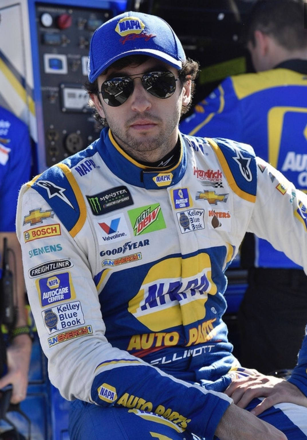 Chase Elliott, blue and yellow racing suit, sponsor logos, HD Phone Wallpaper