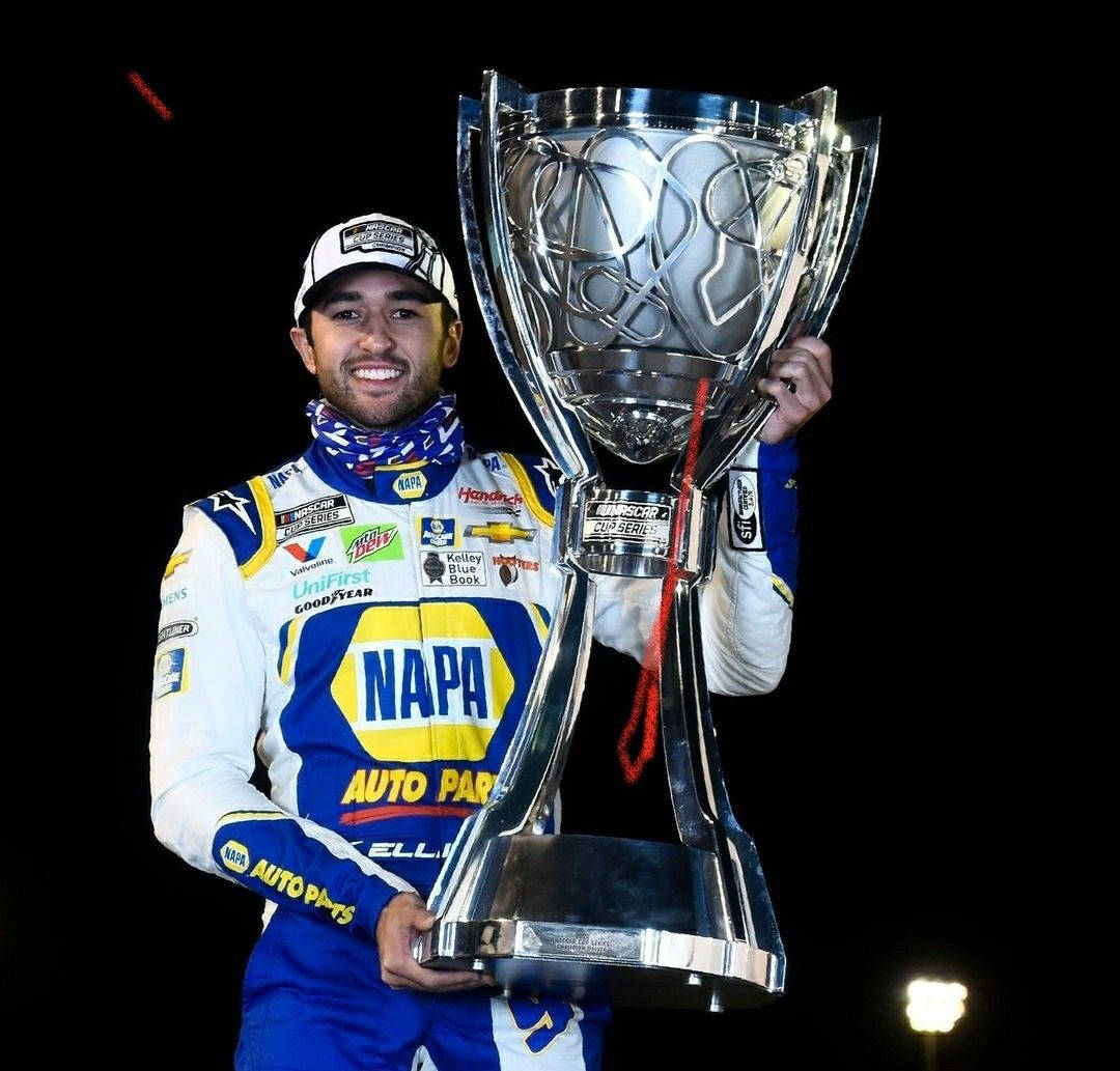 Chase Elliott, blue and white racing suit, large silver trophy, SD Desktop Wallpaper