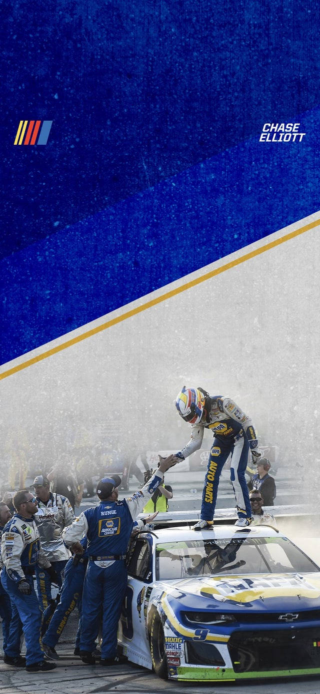 Chase Elliott, blue and yellow race car, crew members, HD Phone Wallpaper