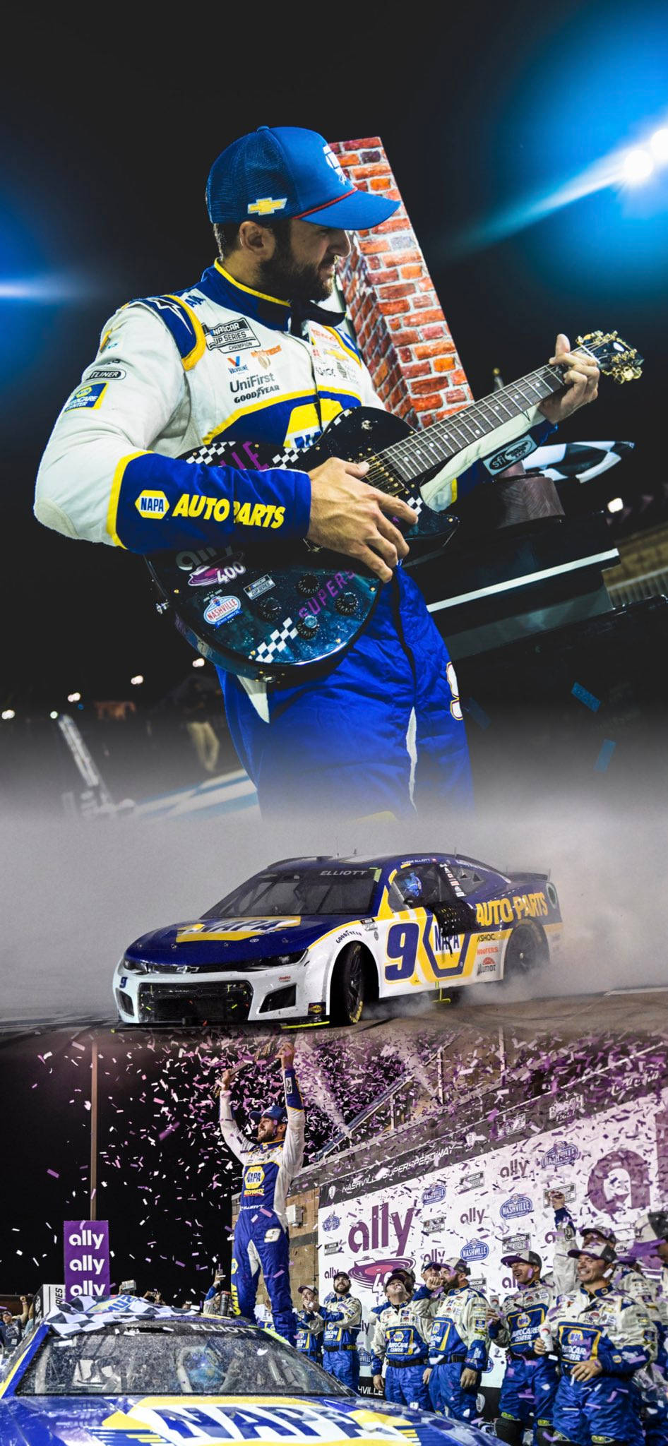 Chase Elliott, blue racing gear, guitar, Full HD Phone Wallpaper