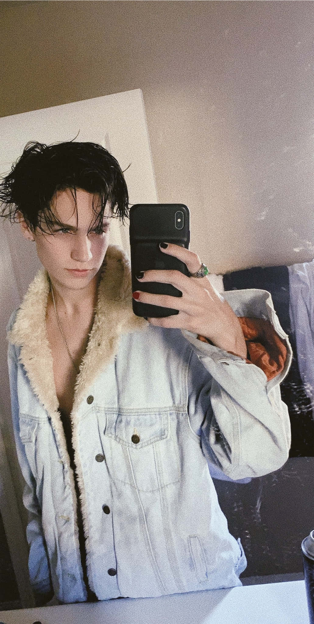 Chase Hudson, light denim jacket, fluffy collar, Full HD Phone Wallpaper
