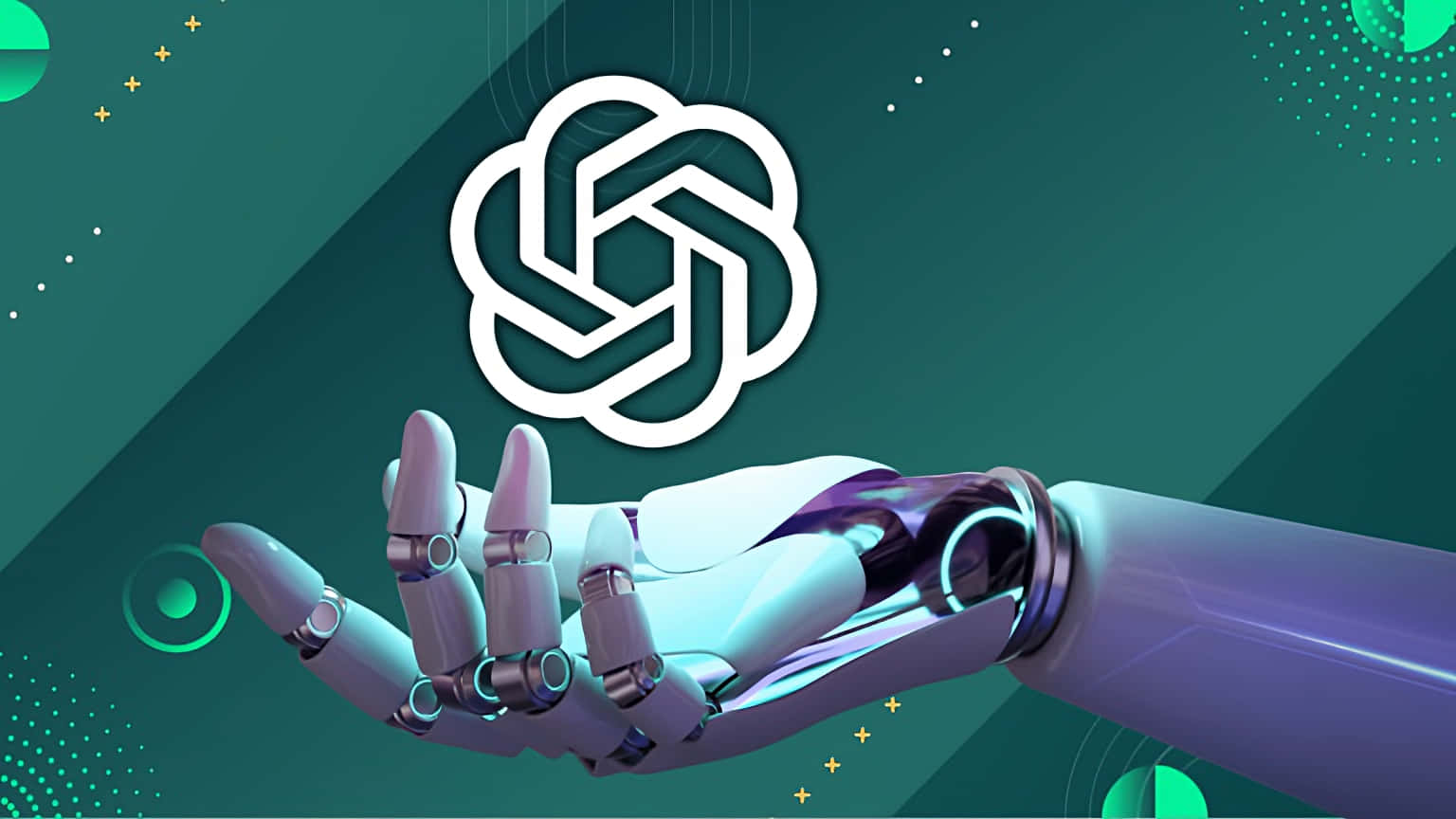 robot hand, glowing white AI logo, teal gradient background, HD Desktop Wallpaper