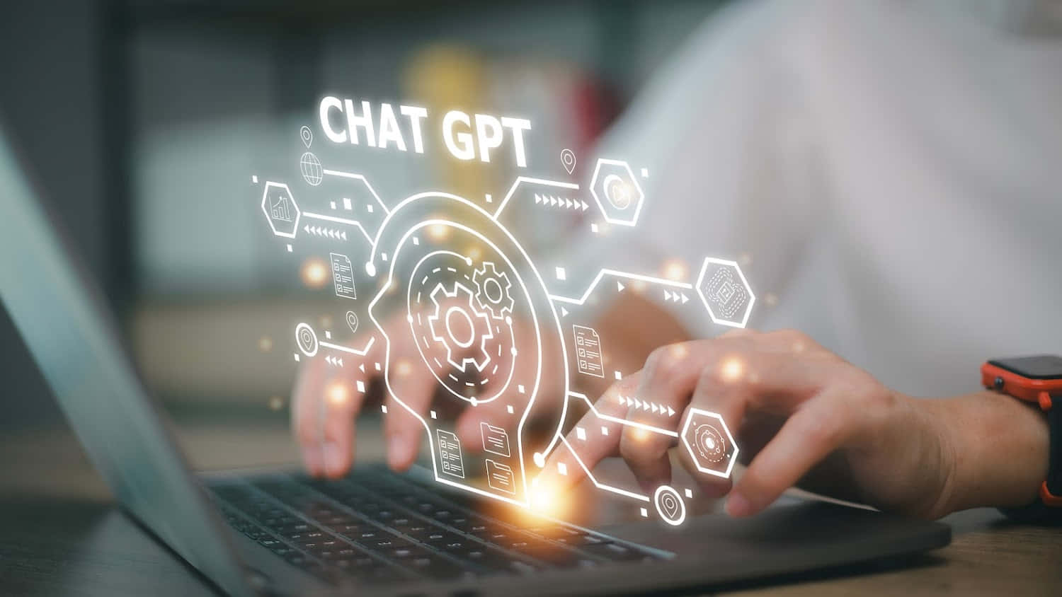 ChatGPT, laptop, glowing holographic interface, HD Desktop Wallpaper