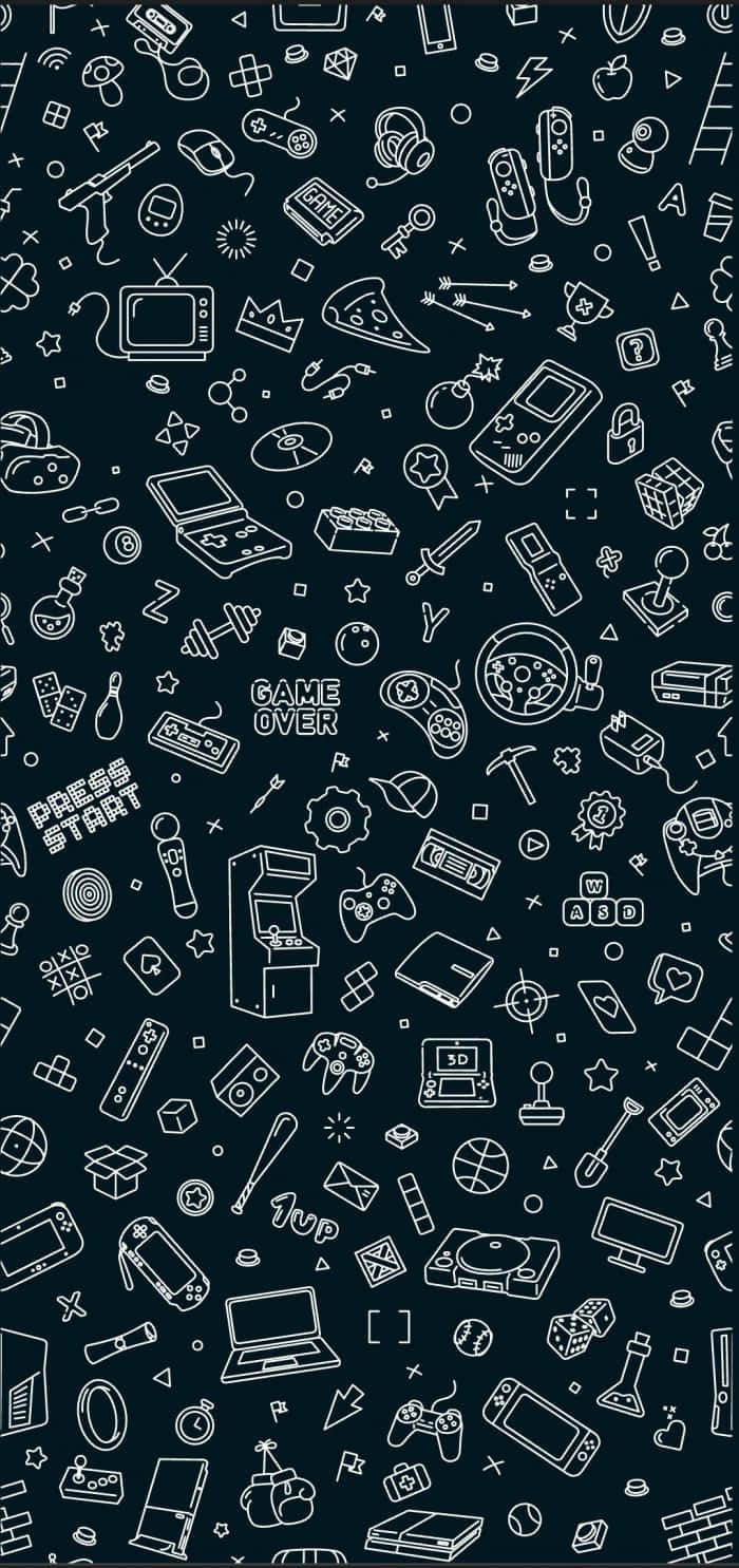 white line-drawn gaming icons, dark background, GAME OVER, HD Phone Wallpaper
