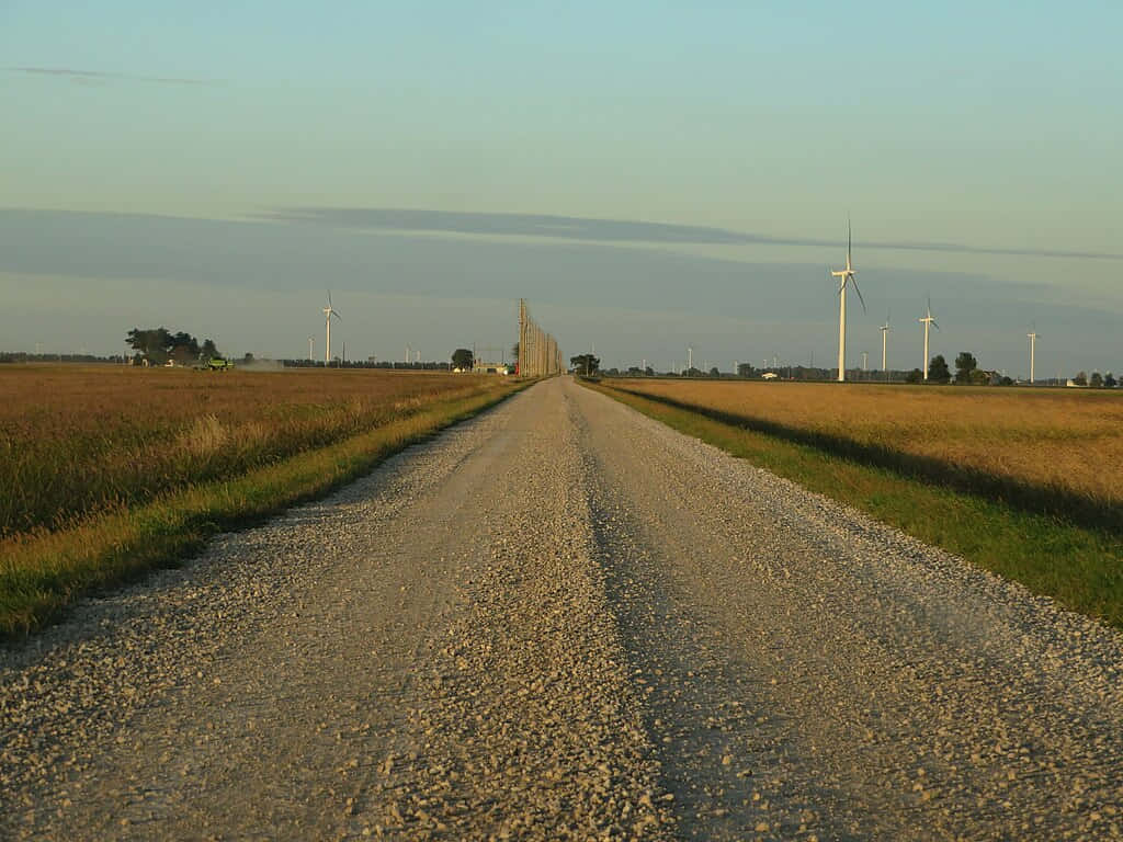 rural road, wind turbines, golden fields, SD Desktop Wallpaper