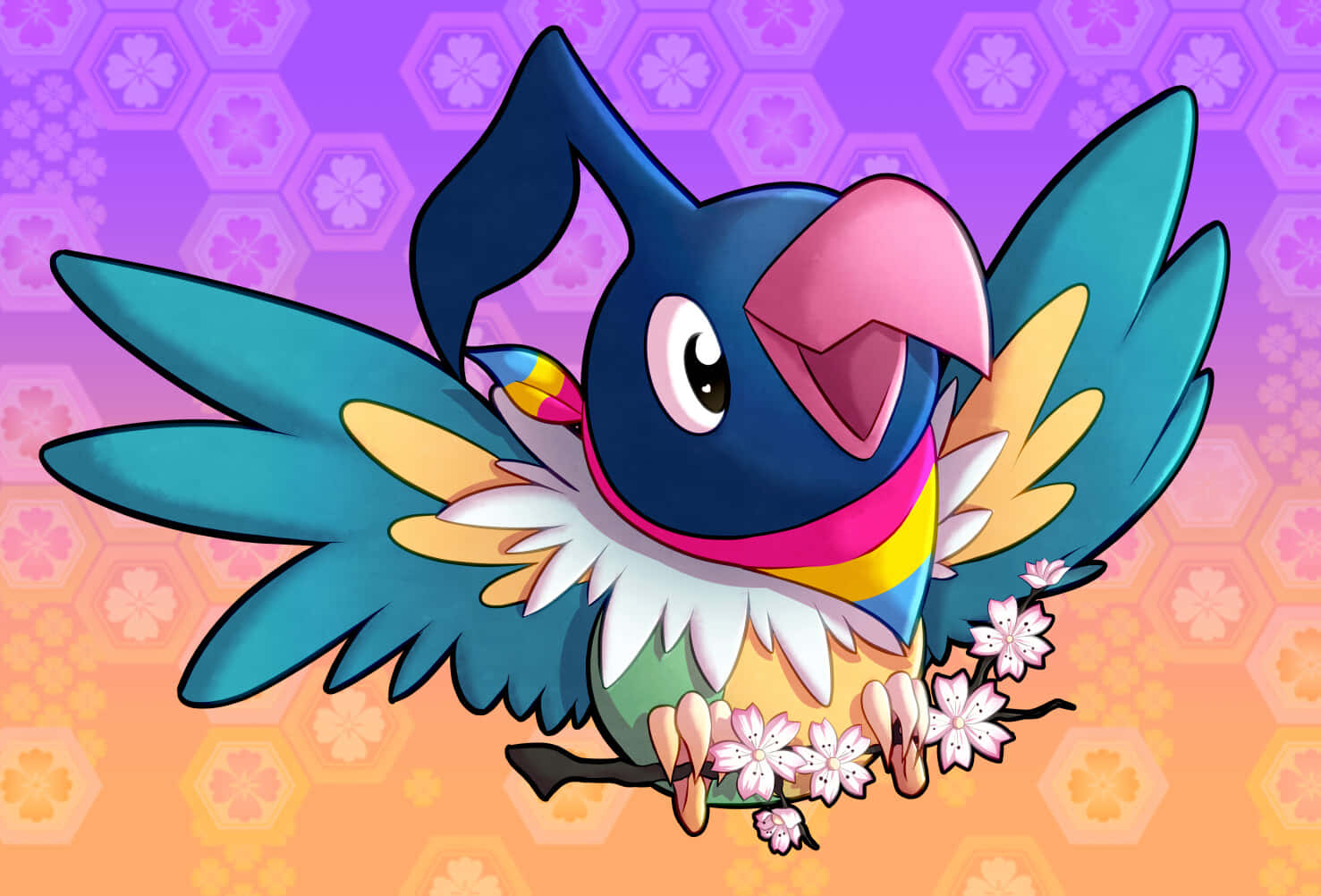 Chatot, floral branch, cherry blossoms, HD Desktop Wallpaper