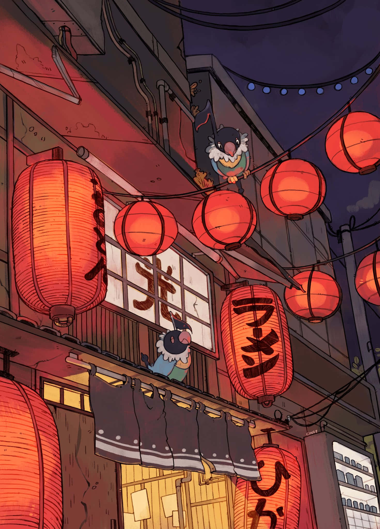 Chatot, street lanterns, glowing red lanterns, Full HD Phone Wallpaper