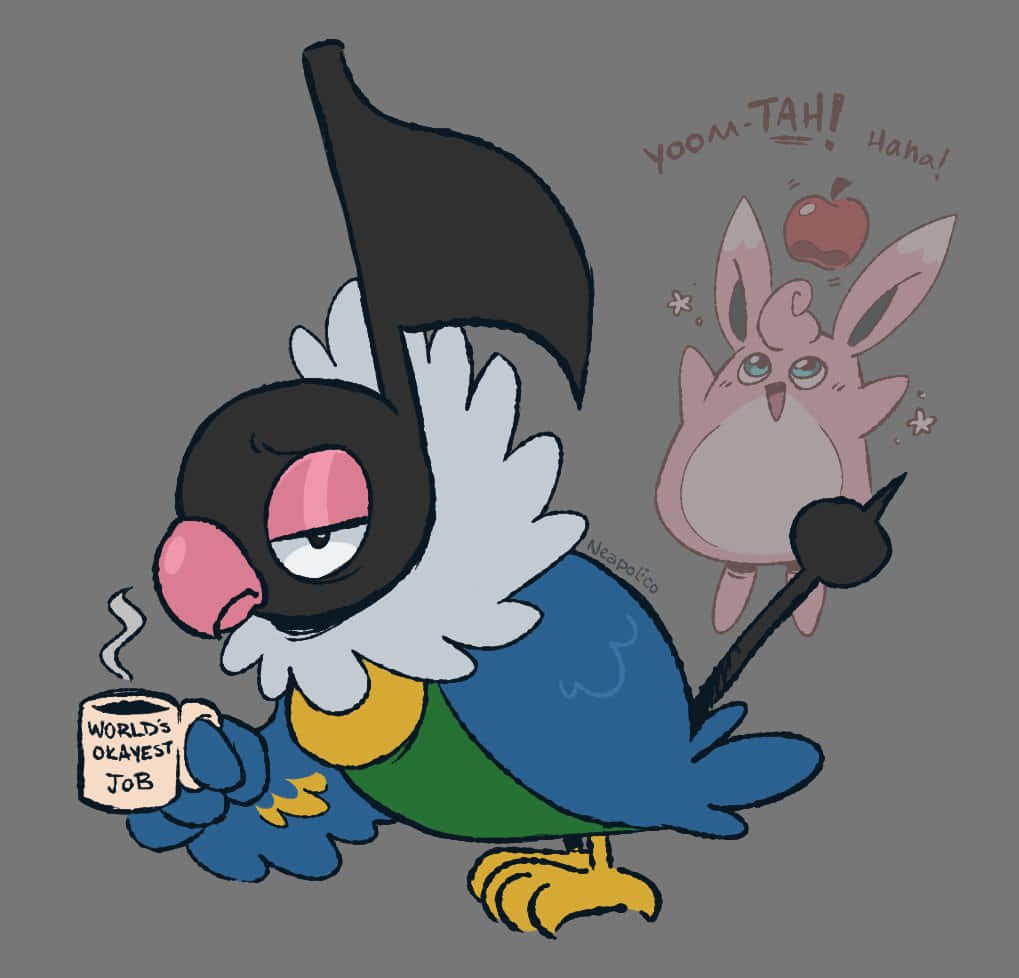 Chatot, black hat, coffee labeled 'World's Okayest Job', SD Desktop Wallpaper