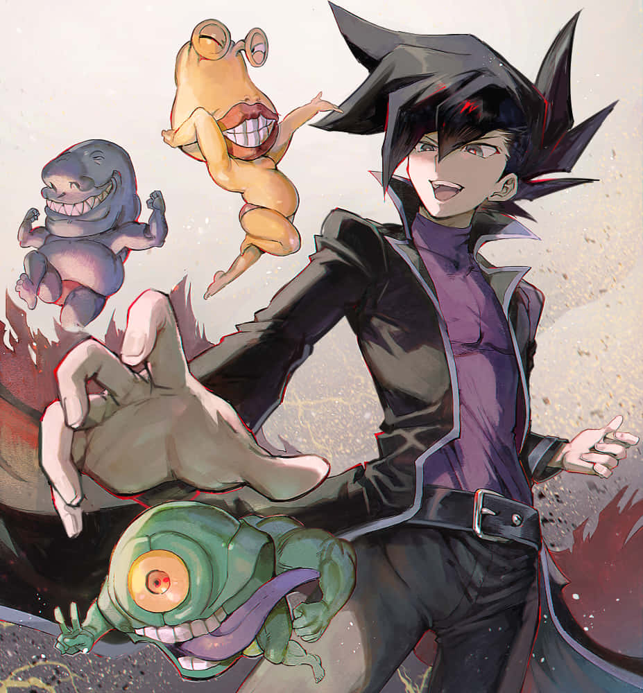 Chazz Princeton, spiky black hair, three mischievous smiling monster companions, SD Phone Wallpaper