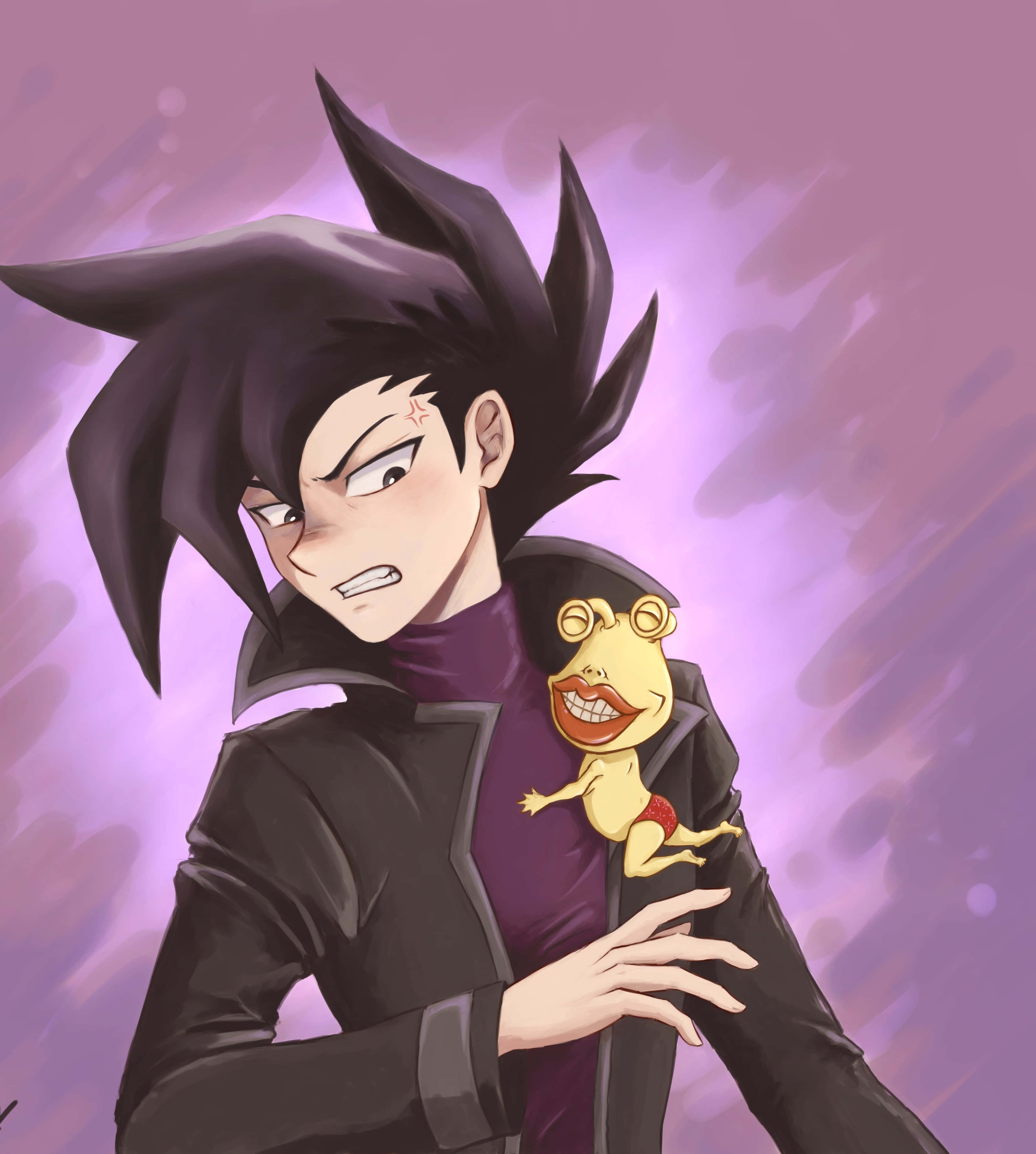 Chazz Princeton, spiky black hair, cheerful yellow frog plushie, 4K Phone Wallpaper
