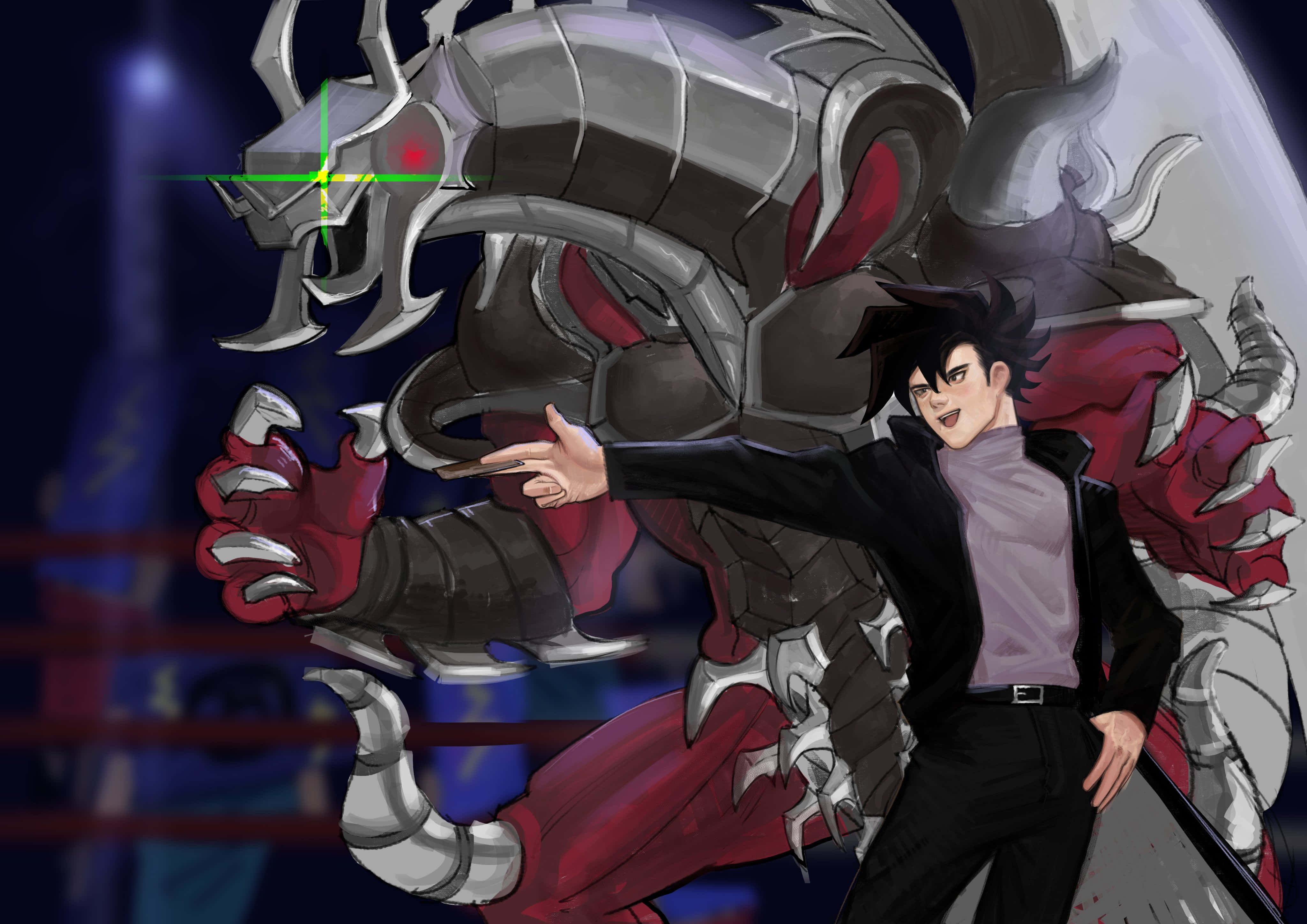 Chazz Princeton, black jacket, massive armored dragon, 4K Desktop Wallpaper