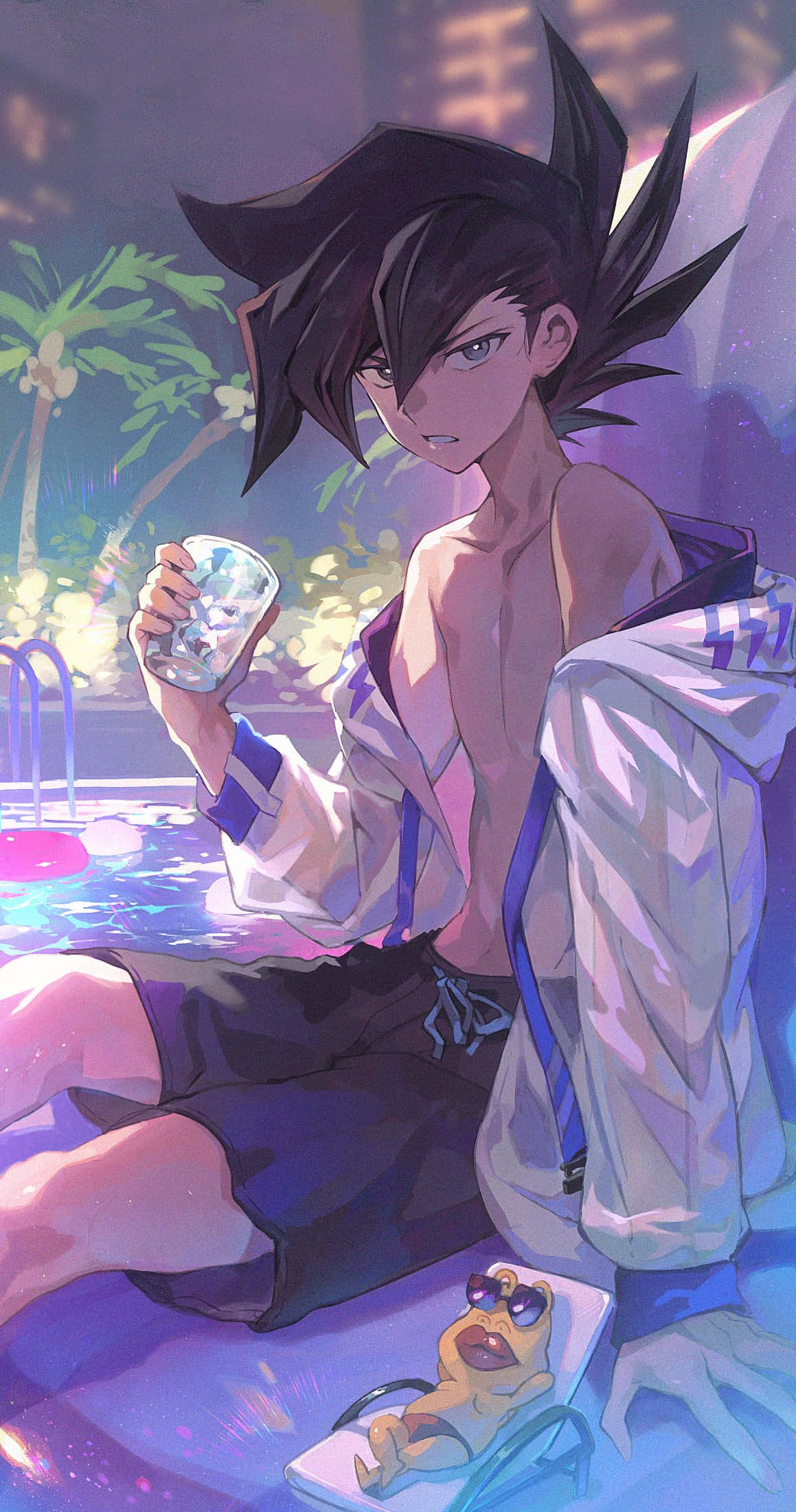 Chazz Princeton, spiky-haired anime boy, poolside setting, Full HD Phone Wallpaper