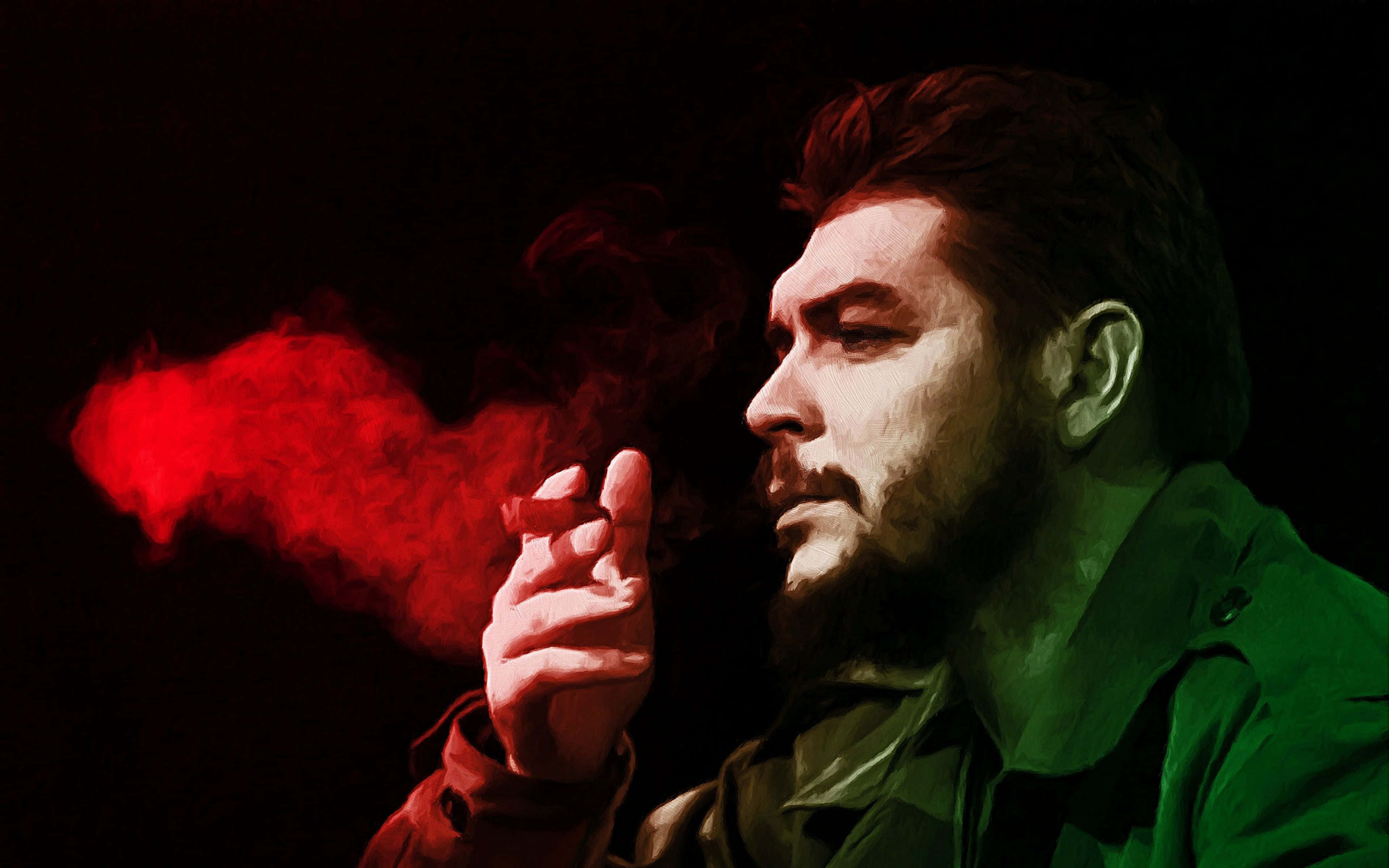 Che Guevara, green military jacket, vivid red smoke, 4K Desktop Wallpaper