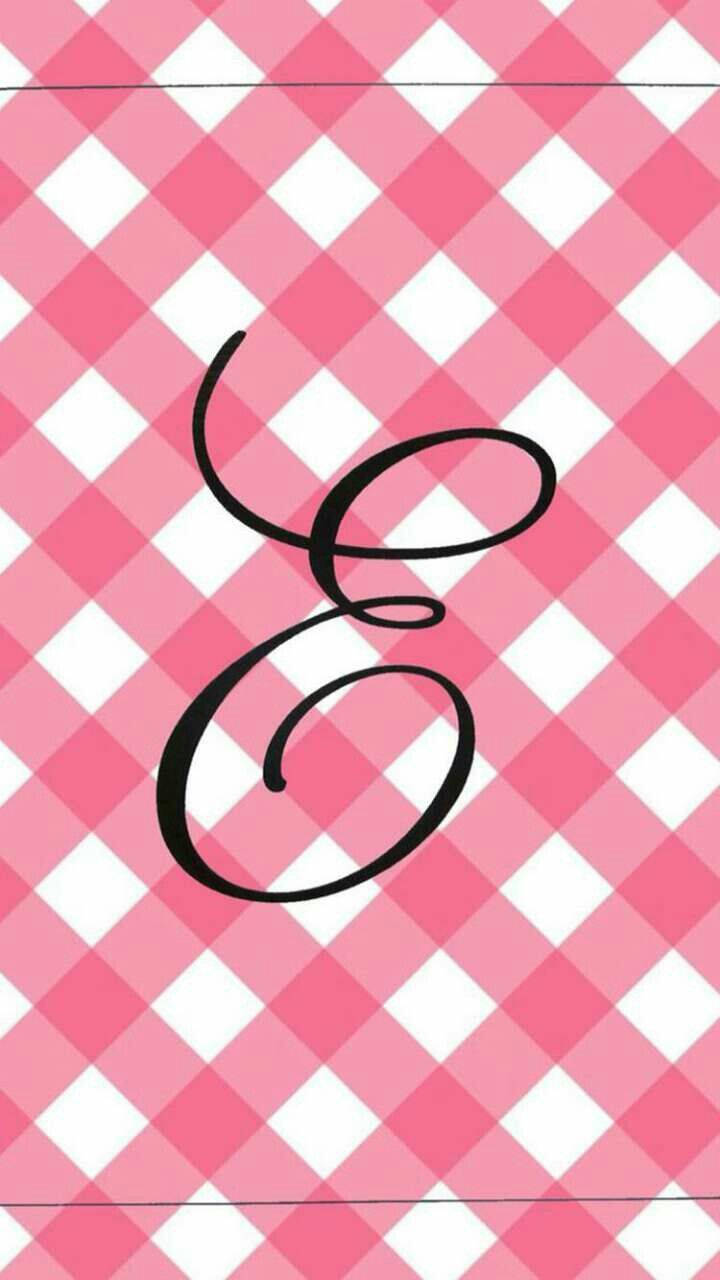 letter E, black cursive letter E, pink and white checkered background, HD Phone Wallpaper