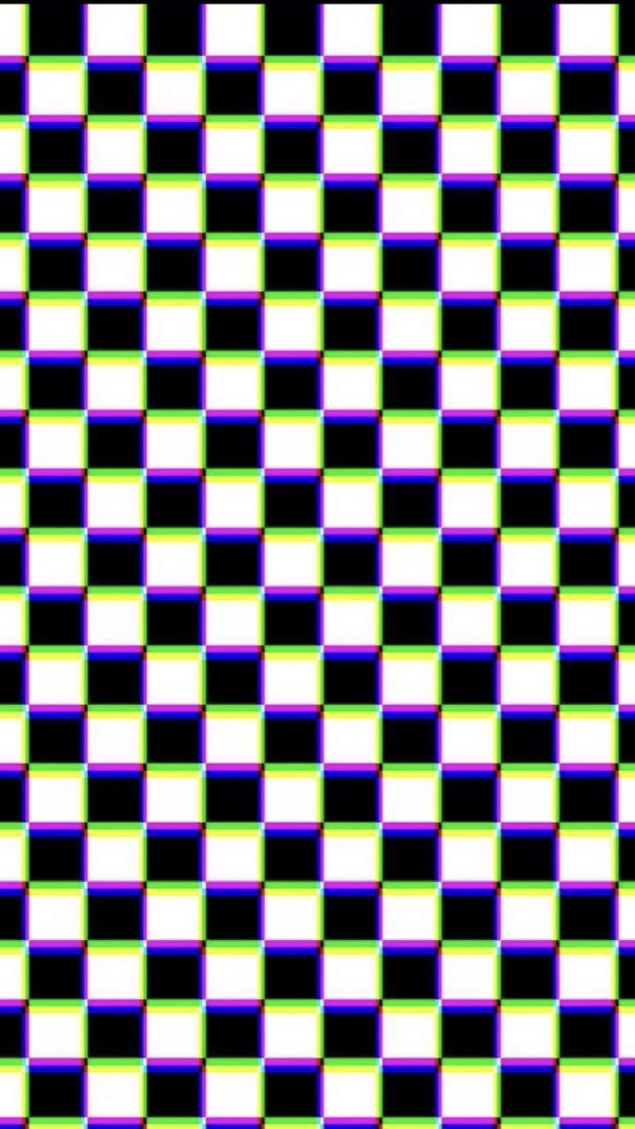 vibrant checkered pattern, black and white squares, vibrant purple green and blue chromatic aberration effects, Full HD Phone Wallpaper