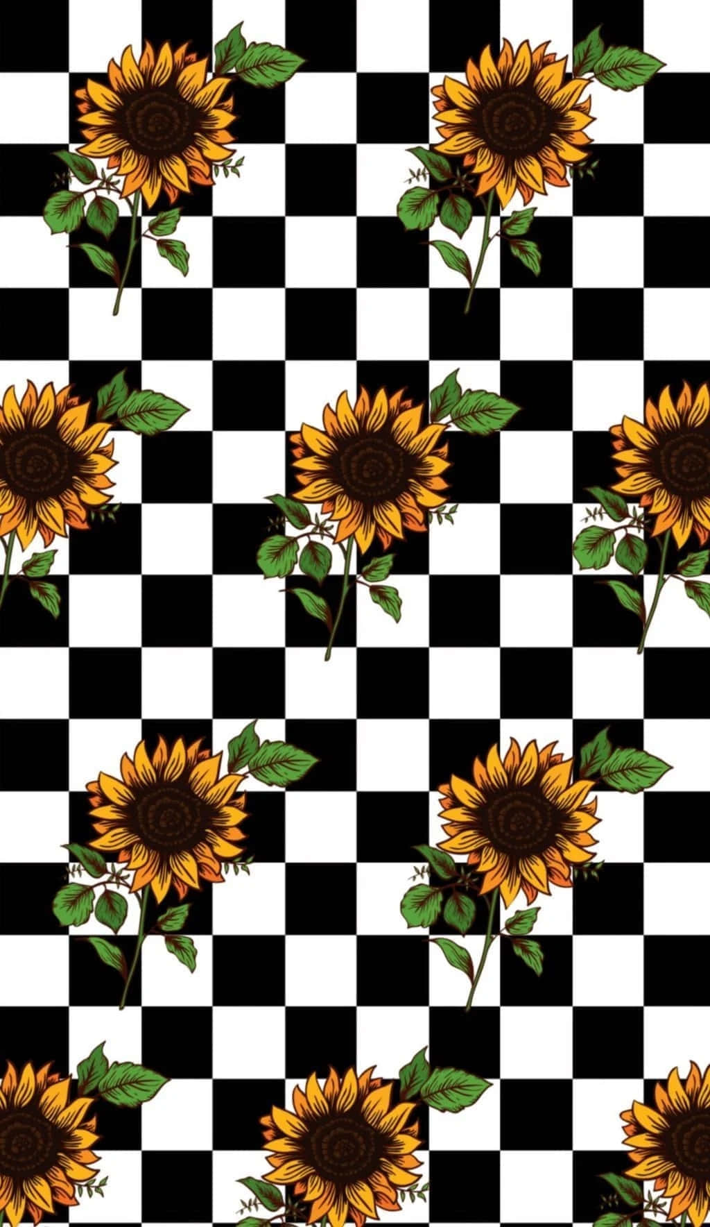sunflowers, green leaves, black and white checkerboard pattern, HD Phone Wallpaper