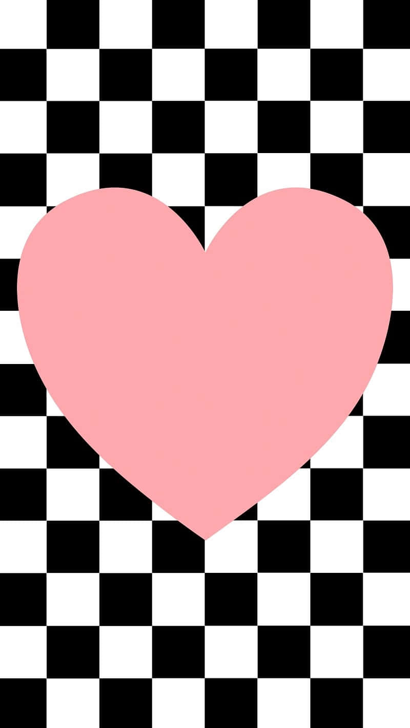 pink heart, black and white checkerboard pattern, solid pink heart, HD Phone Wallpaper