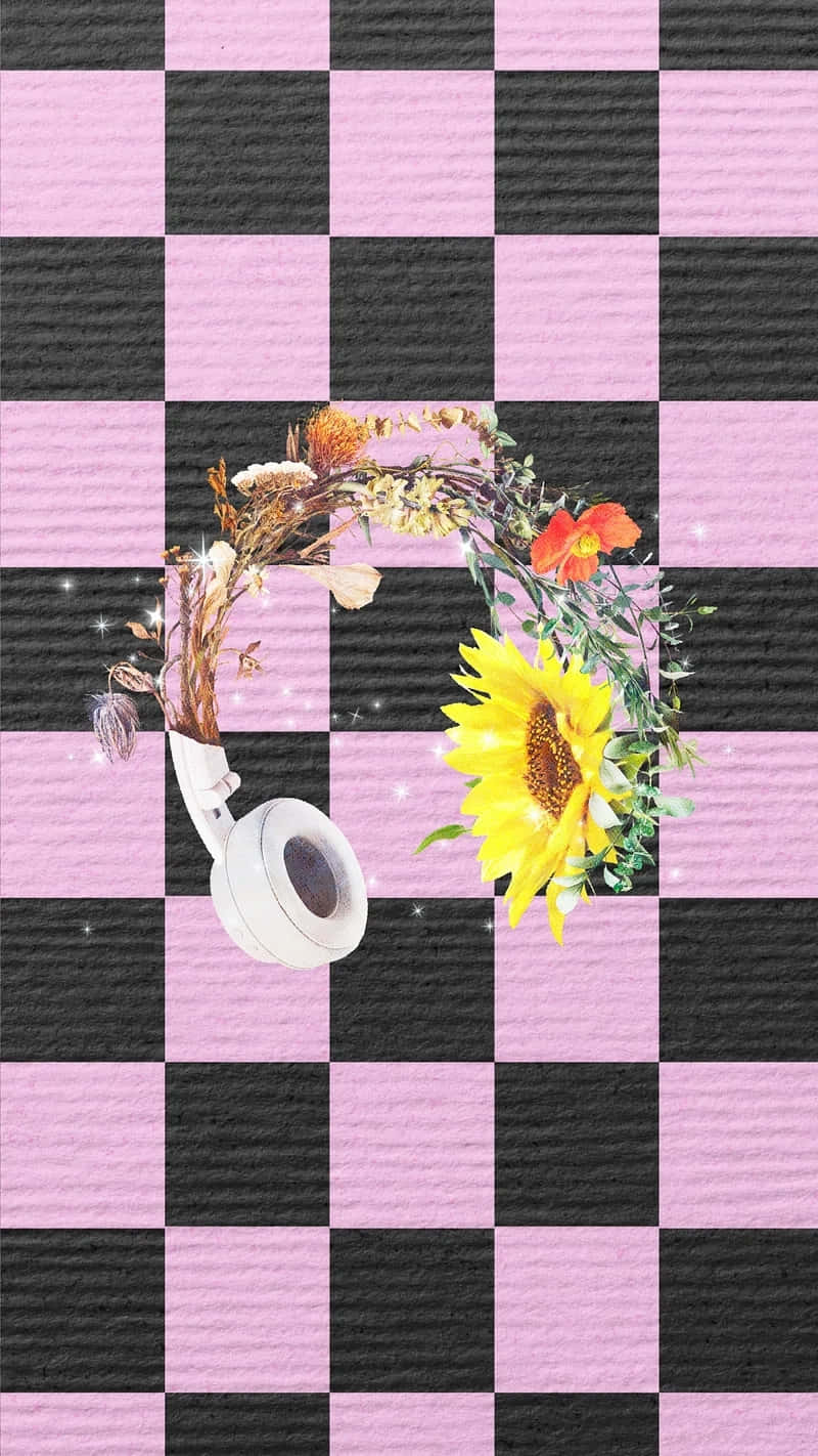 floral headphones, pink and black checkered background, sunflower wreath, HD Phone Wallpaper