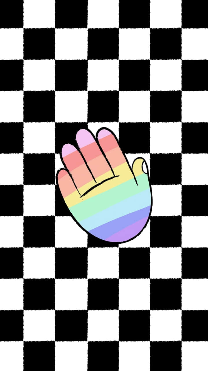 rainbow palm, black and white checkered background, cartoon hand, HD Phone Wallpaper